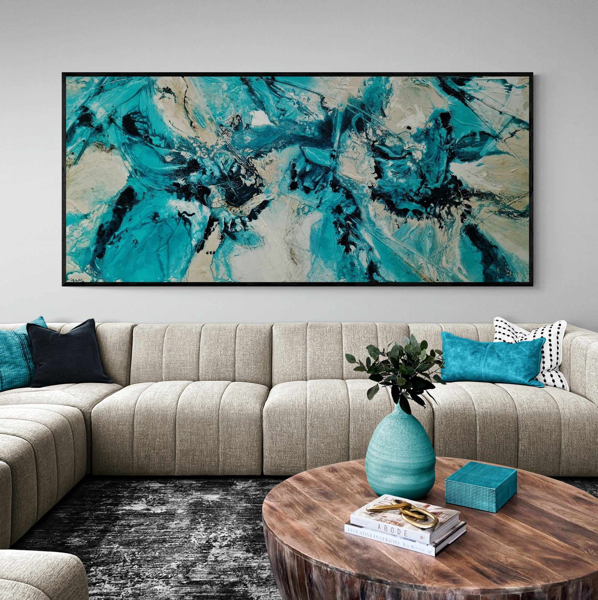270cm x 120cm Cream Teal Textured Abstract Wall Art Painting - Handmade Canvas Artwork for Living Room, Bedroom & Office Decor | Modern Home Decoration