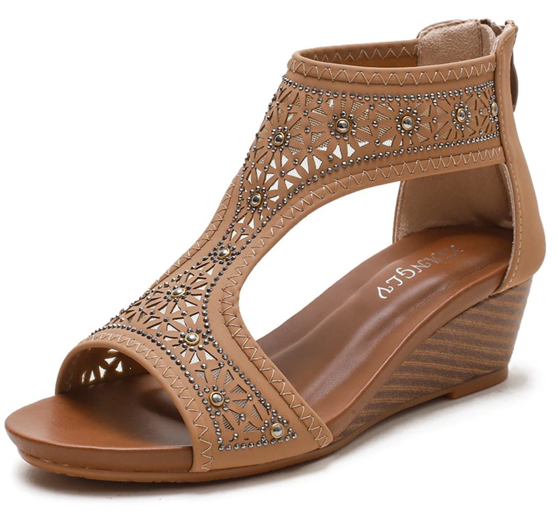 Women's Wedge Sandals with Mid Heel - Comfortable Bohemian Roman Summer Sandals with Mesh Flower Design | Perfect for Beach, Vacation & Casual Outfits