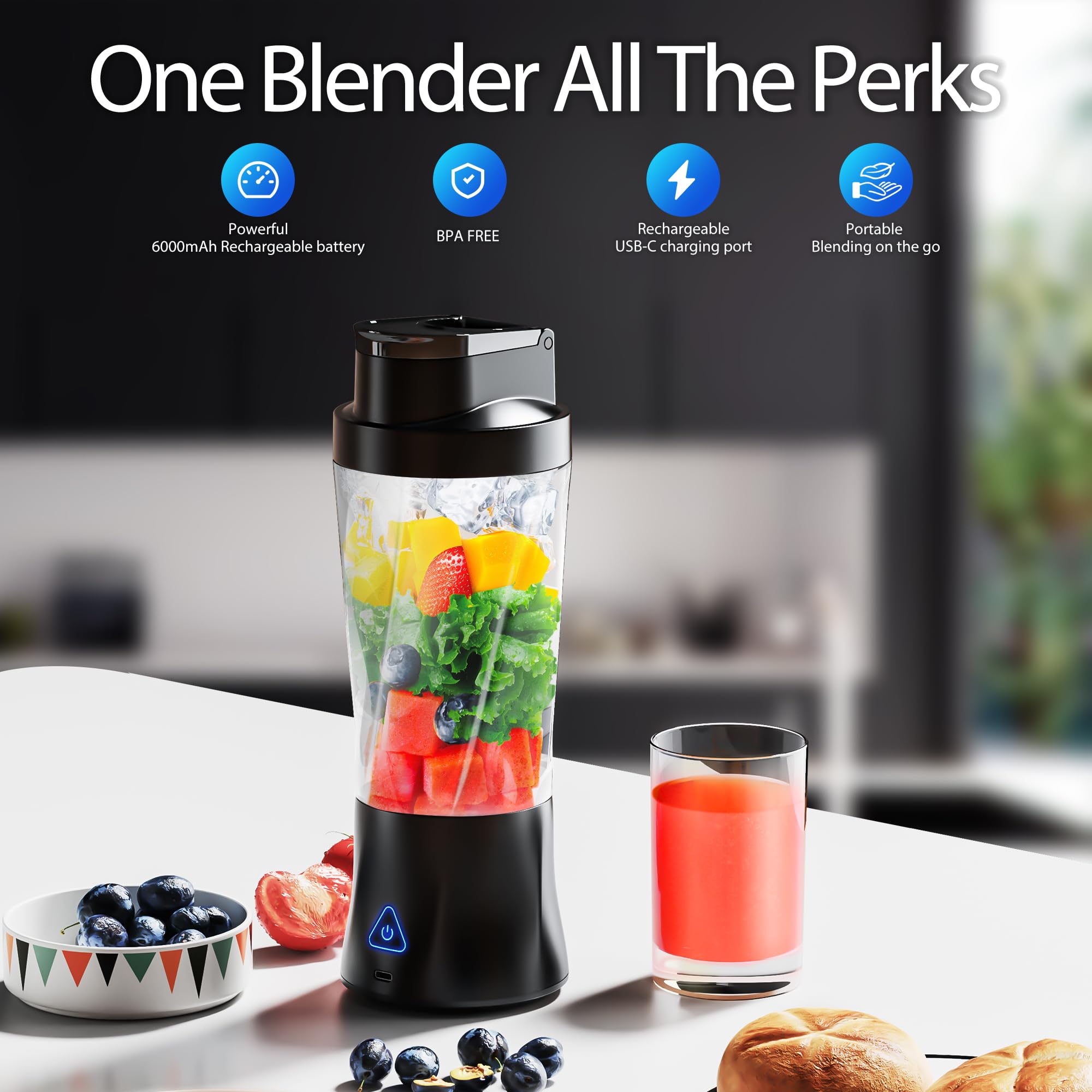 Portable Blender for Smoothies & Shakes - 24oz Cordless Personal Blender with USB-C Charging, BPA Free, Leakproof Lid & Sip Spout - 6 Sharp Blades Self Cleaning Travel Blender (Black) - Perfect for Gym, Office, Travel & Home Use