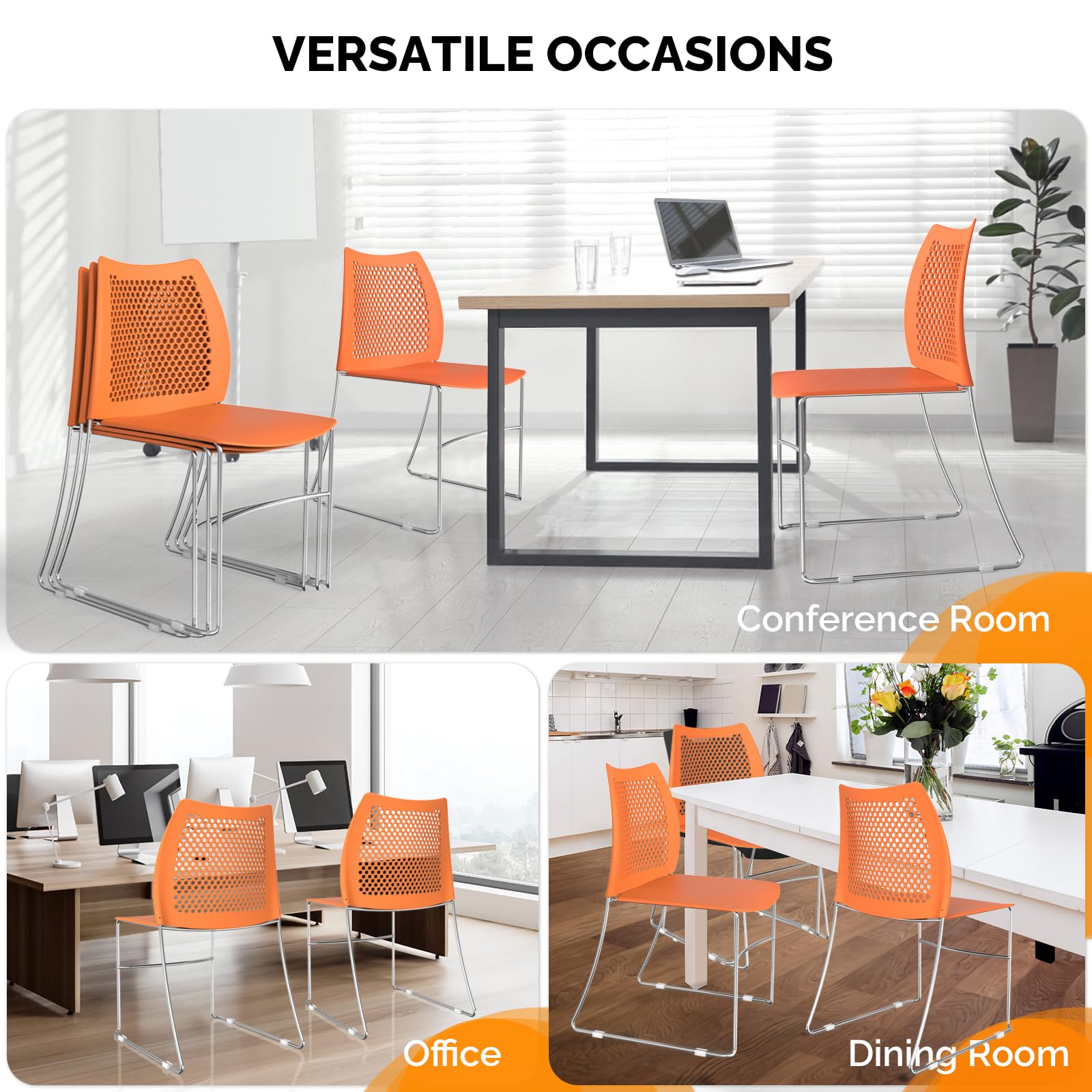 VINGLI 5-Pack Stackable Office Chairs with Metal Sled Base - Ergonomic Plastic Seat & Ventilated Back - Space-Saving Chairs for Waiting Rooms, Break Rooms, Banquets & Guest Seating (Orange) - Perfect for Home, Office & Event Use