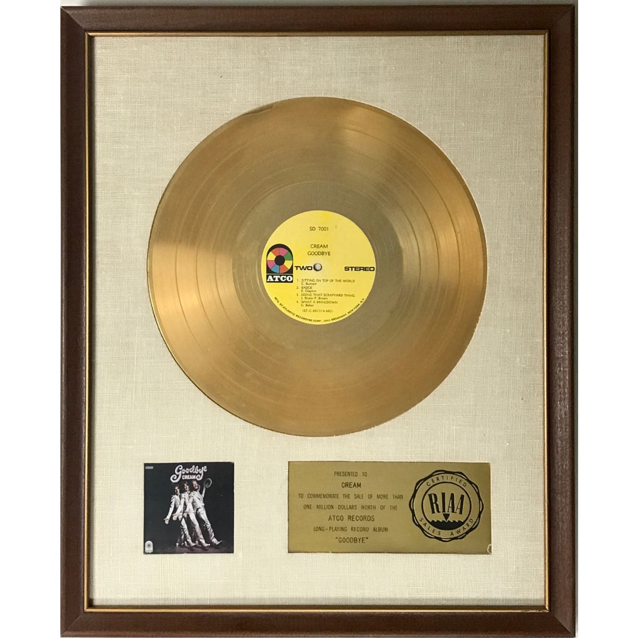 Vintage Cream Goodbye RIAA Gold LP Award - Rare Collectible Music Memorabilia for Fans & Vinyl Enthusiasts | Perfect for Music Collections, Fan Displays & Retro Decor