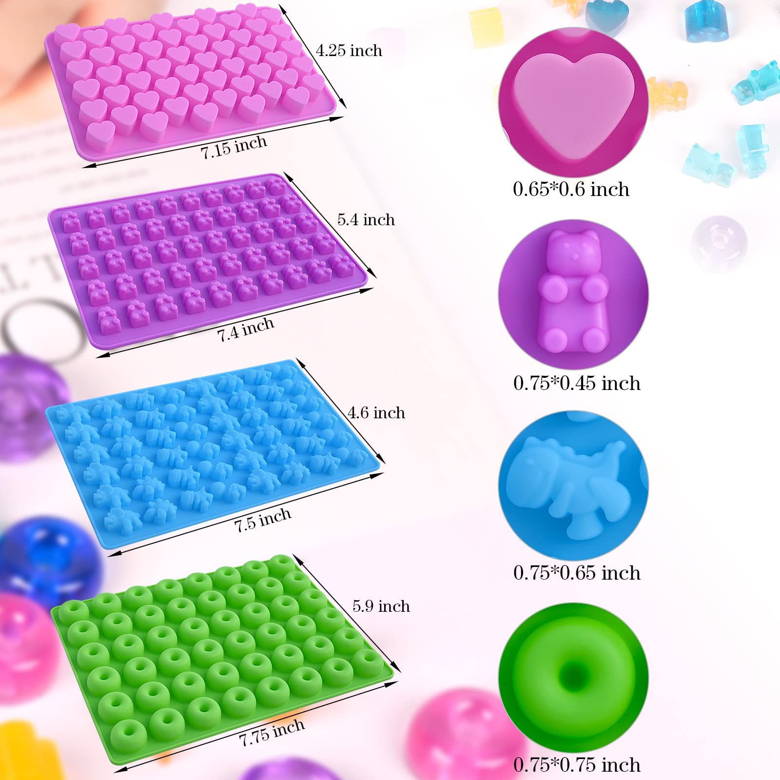 Sakolla 4-Pack Mini Silicone Gummy Candy Molds with 2 Droppers - Dinosaur, Bear, Heart & Donut Shapes for Chocolate, Candies & DIY Treats - Perfect for Kids' Birthday Parties, Baking Decorations & Homemade Snacks