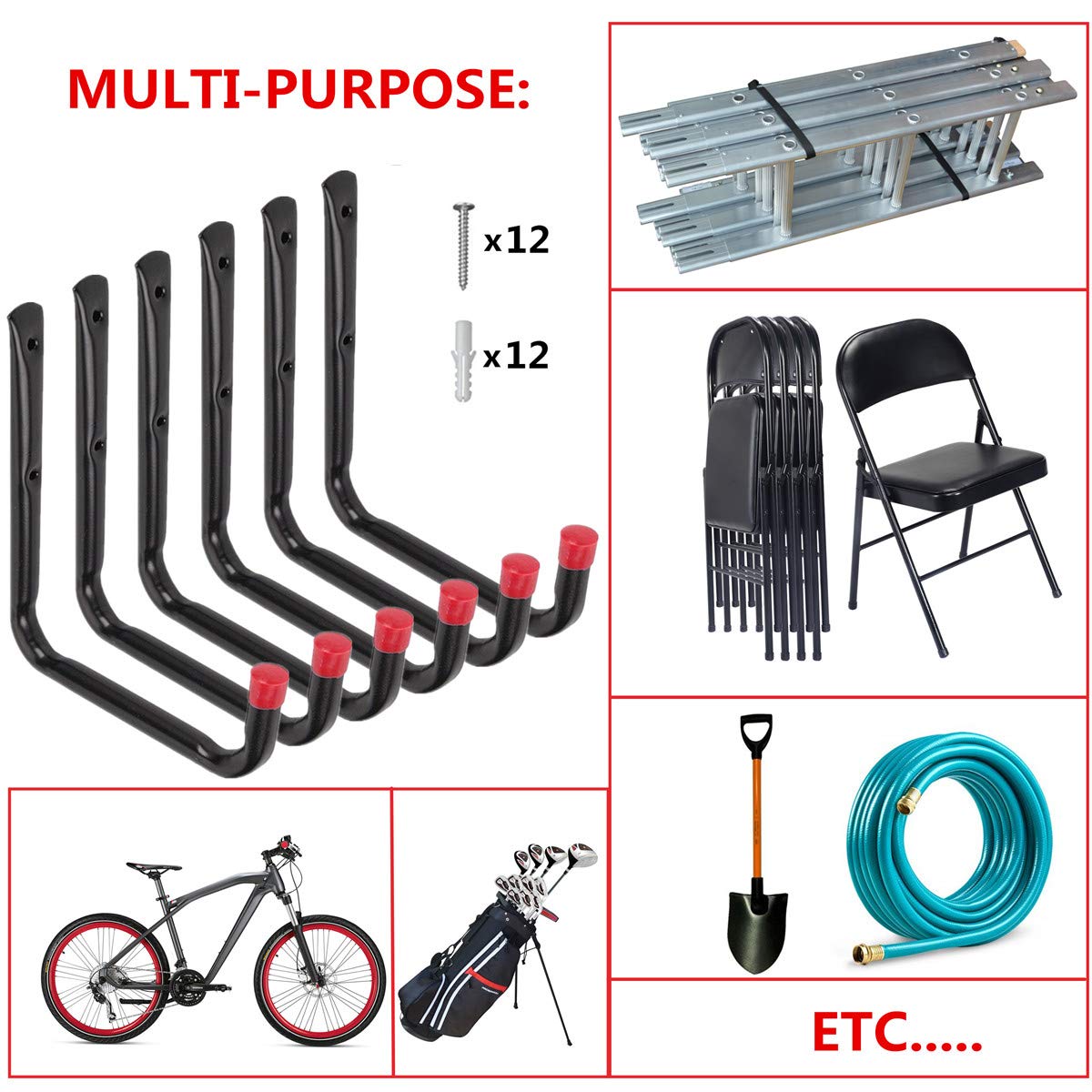 6Pcs Heavy Duty Garage Storage Hooks - 7 Inch Wall Mount J Utility Hooks for Ladder, Lumber & Bulky Items - Durable All-Purpose Hanging J Hangers for Garage, Shed & Workshop Organization