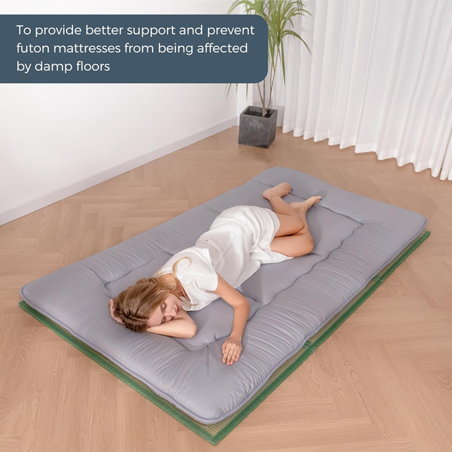 MAXYOYO Japanese Tatami Mat - 100% Natural Rush Grass, Portable & Foldable Futon Mattress for Floor Sleeping | Traditional Firm Floor Bed | Perfect for Meditation, Yoga, Guest Room & Small Space Living