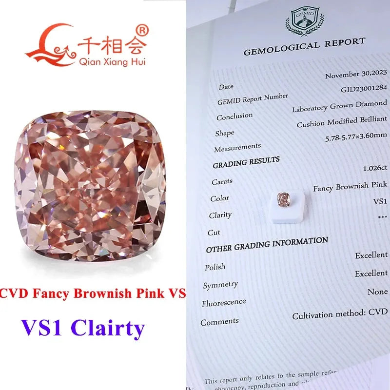 2.75ct CVD Lab Grown Diamond - Fancy Brownish Pink, VVS Clarity, Cushion Shape, GEMID Certified Loose Stone for Jewelry Making & Engagement Rings