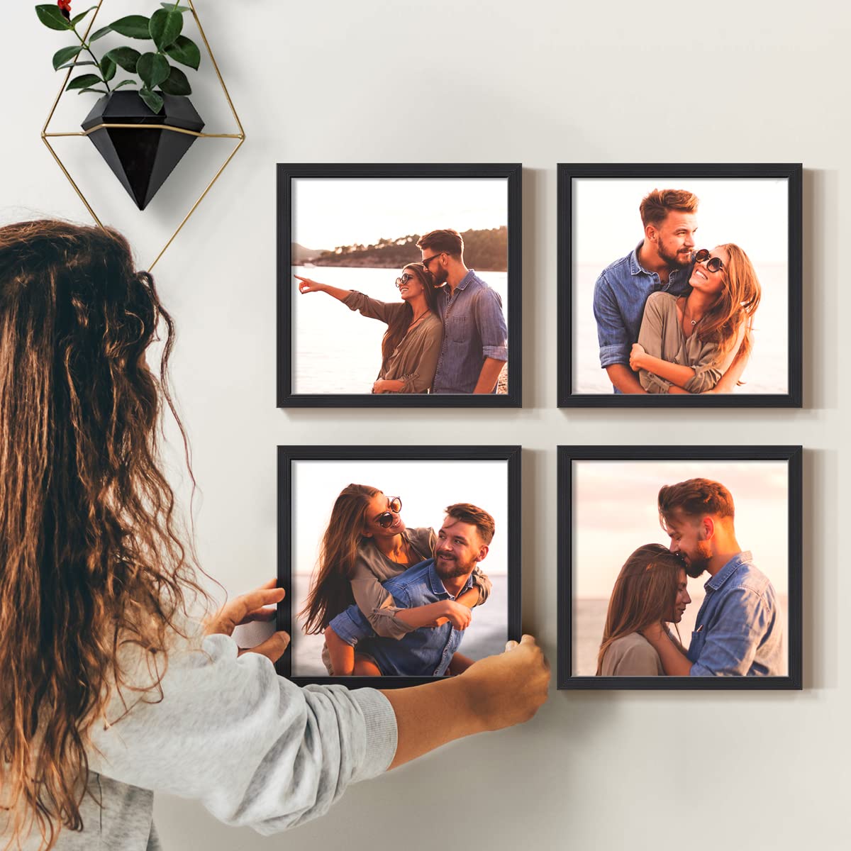 Custom Photo Frames Set of 4 - 8x8 Real Wood Picture Frames for Personalized Collage | Peel & Stick Wall Decor | Black Gallery Wall Frames for Living Room, Bedroom & Office Decor