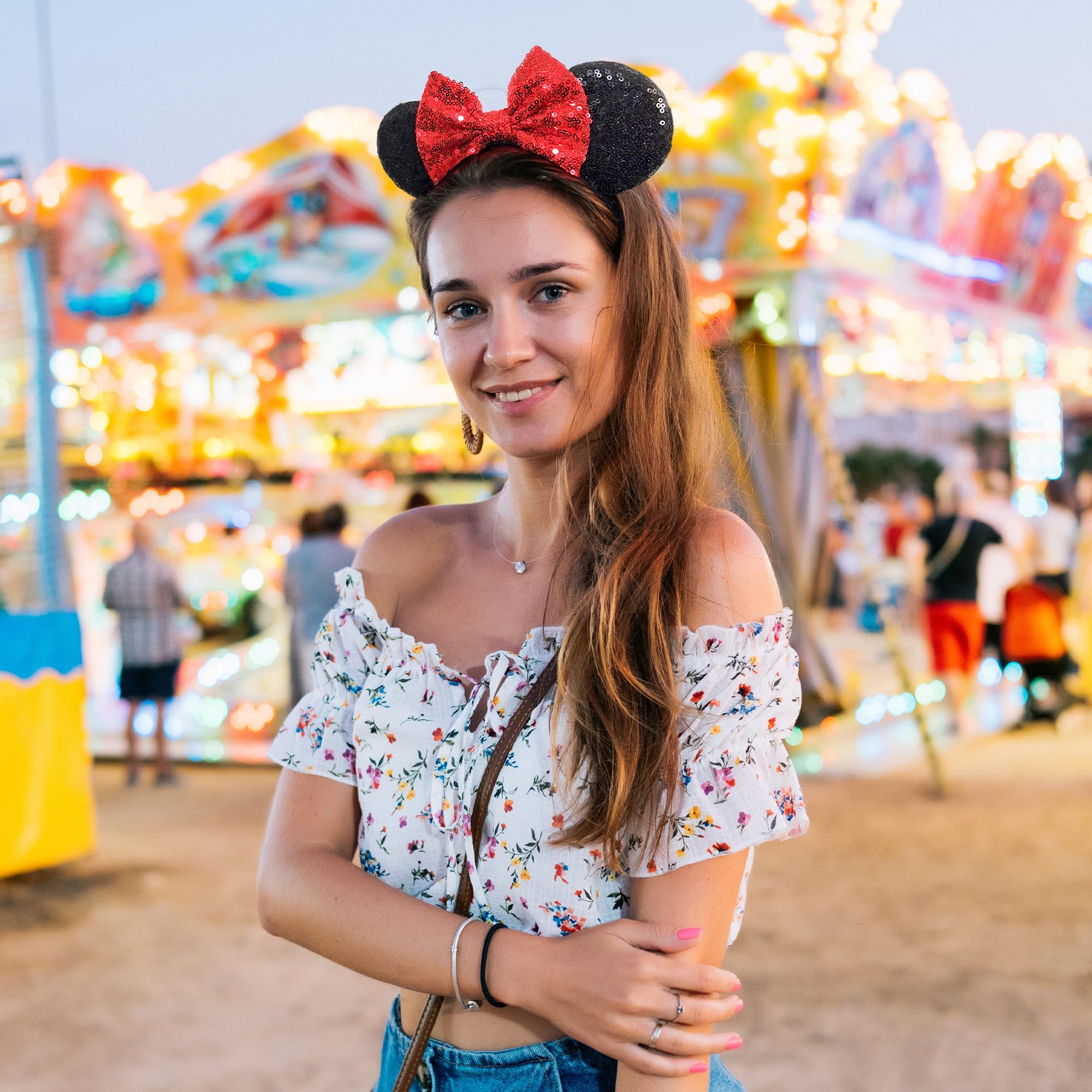 Minnie Ears Headbands with Shiny Sequin Bow (3PCS) - Adjustable Elastic Mouse Ears Headbands for Women & Girls - Glitter Disney Inspired Hair Accessories for Parties, Cosplay & Theme Parks