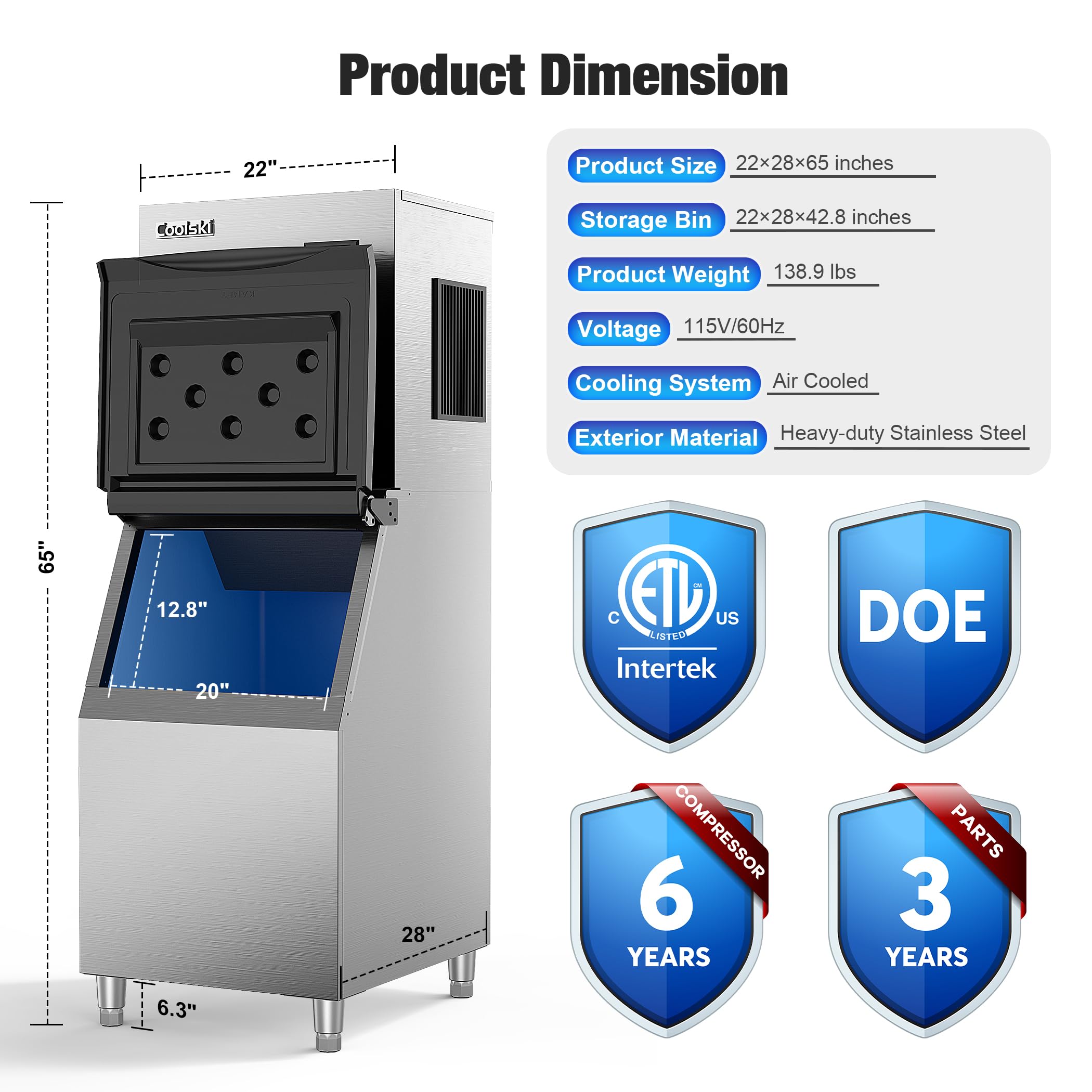 Commercial Ice Maker Machine 450LBS/24H - 22'' Wide Stainless Steel Ice Machine with 300LBS Storage Bin | Air Cooled Clear Ice Cube Maker for Restaurants, Bars, Cafes & Businesses | Perfect for Cocktails, Beverage Service & Food Preservation