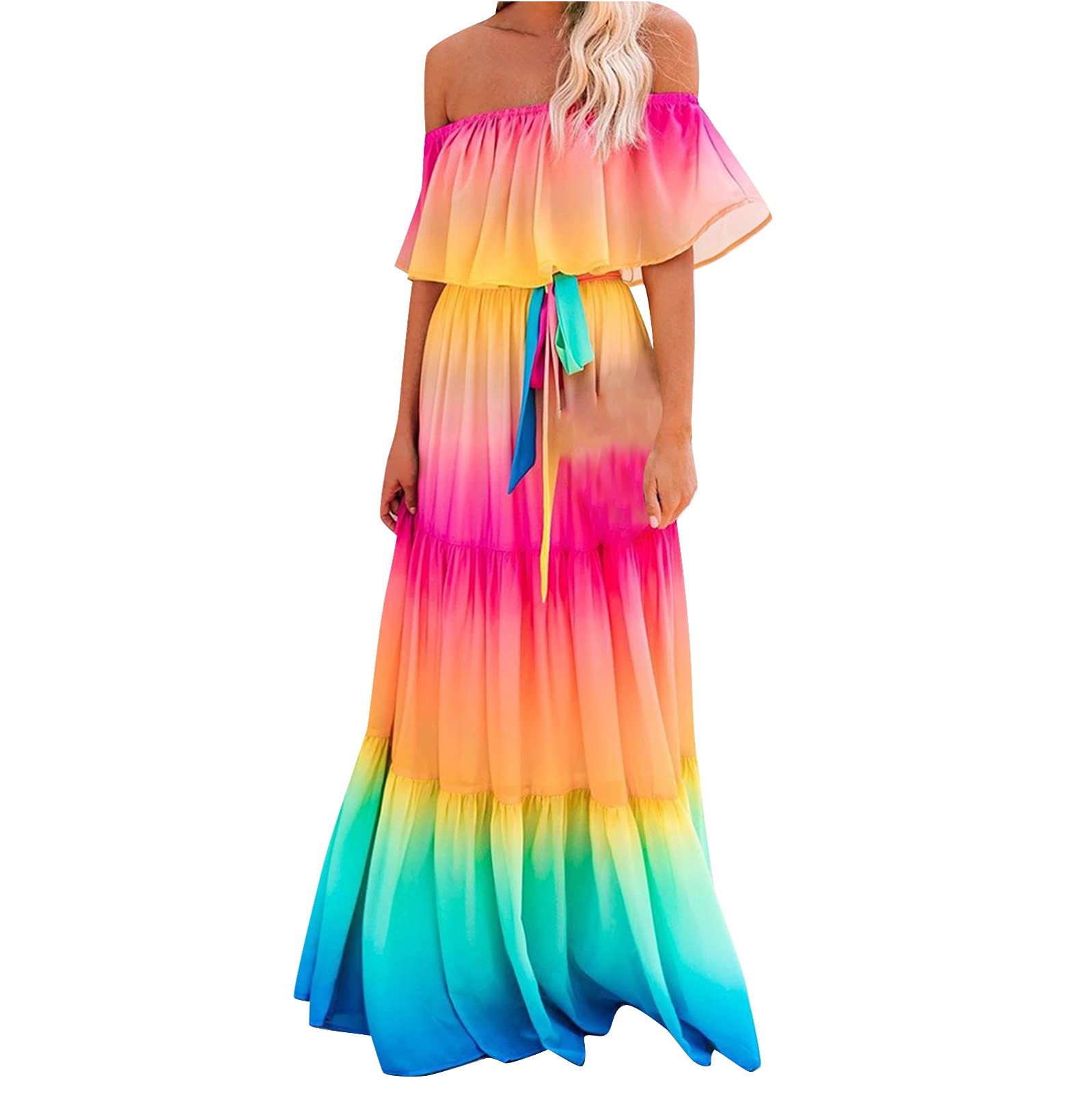 Women's Off Shoulder Maxi Dress with Colorful Print & Ruffle Half Sleeves - Perfect for Weddings, Parties & Summer Vacations