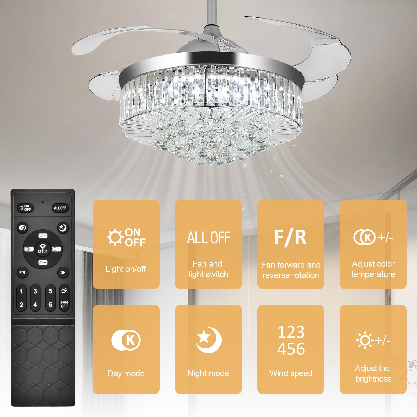 36'' Silver Retractable Crystal Chandelier Fan with Light - Remote Control, Dimmable, Reversible Blades - Perfect for Dining Room, Living Room & Bedroom Ceiling Decor | Elegant Cooling & Lighting Solution for Home & Office