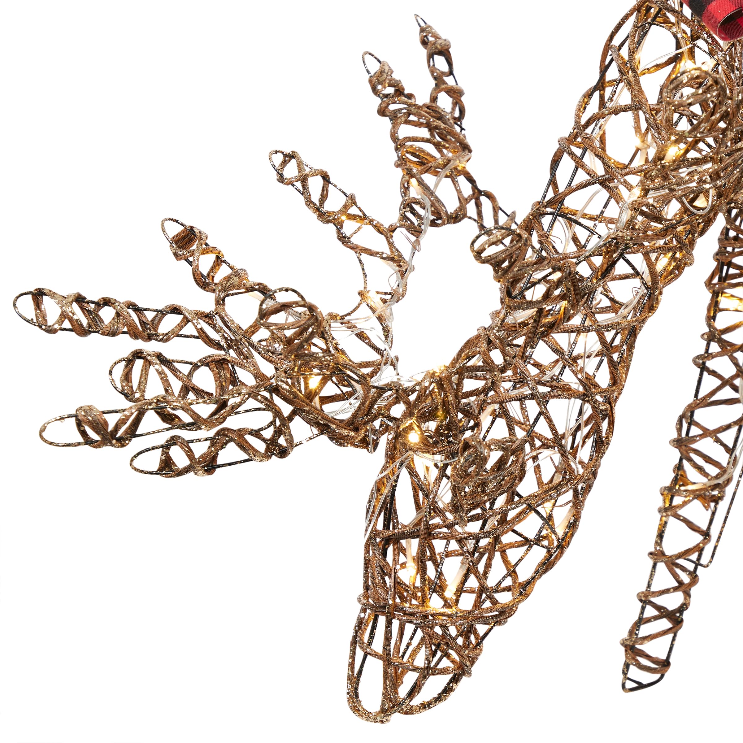 Rattan Grazing Reindeer with Bow & LED Lights - Christmas Holiday Home Decor for Mantel, Tabletop, and Outdoor Garden