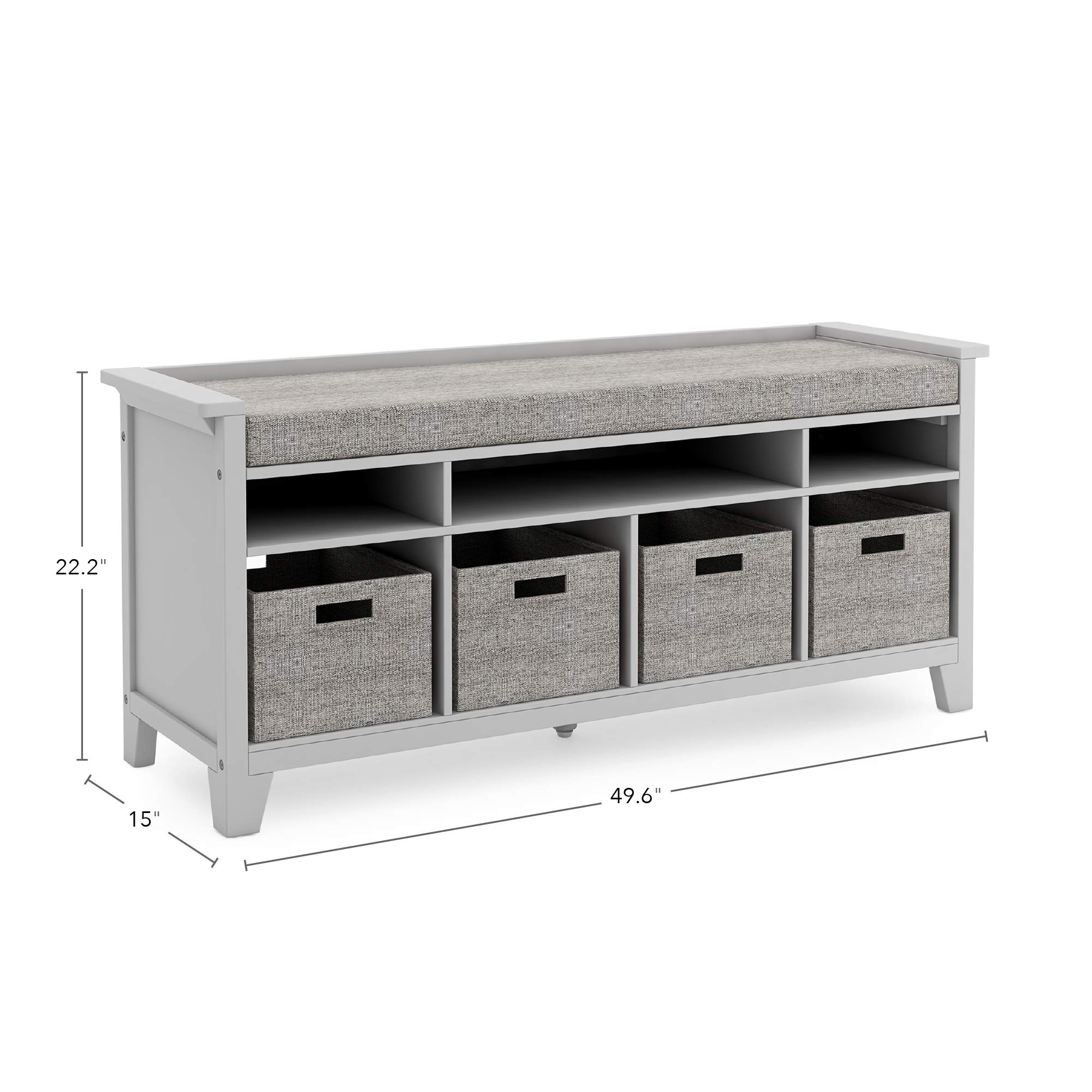 Martha Stewart Kids' Storage Bench in Gray - Wooden Toy Organizer & Book Shelf with Built-in Cushion & Fabric Bins - Perfect for Playroom, Bedroom & Nursery Organization