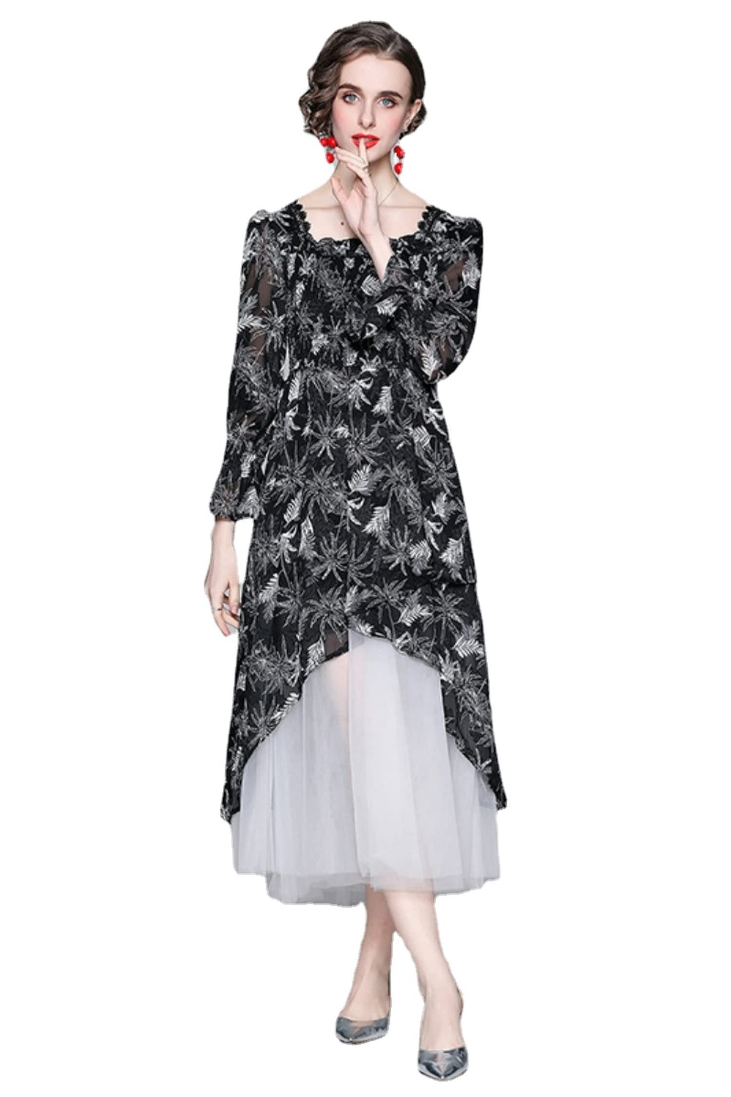 XDJchs Black Flocking Flower Dress - Elegant Floral Print Party Dress for Women, Perfect for Evening Events, Weddings & Date Nights