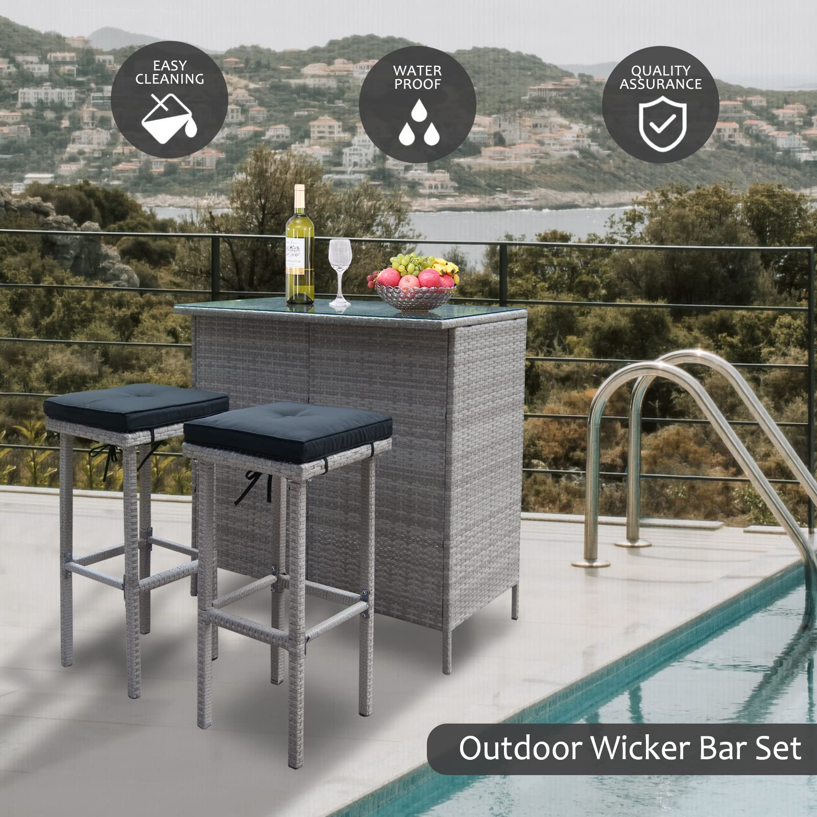 **Polar Aurora 3-Piece Patio Bar Set with Stools & Glass Top Table – Outdoor Wicker Furniture with Removable Cushions – Perfect for Backyards, Porches, Gardens & Poolside (Black & Gray) – Ideal for Entertaining, Relaxing & Outdoor Dining**