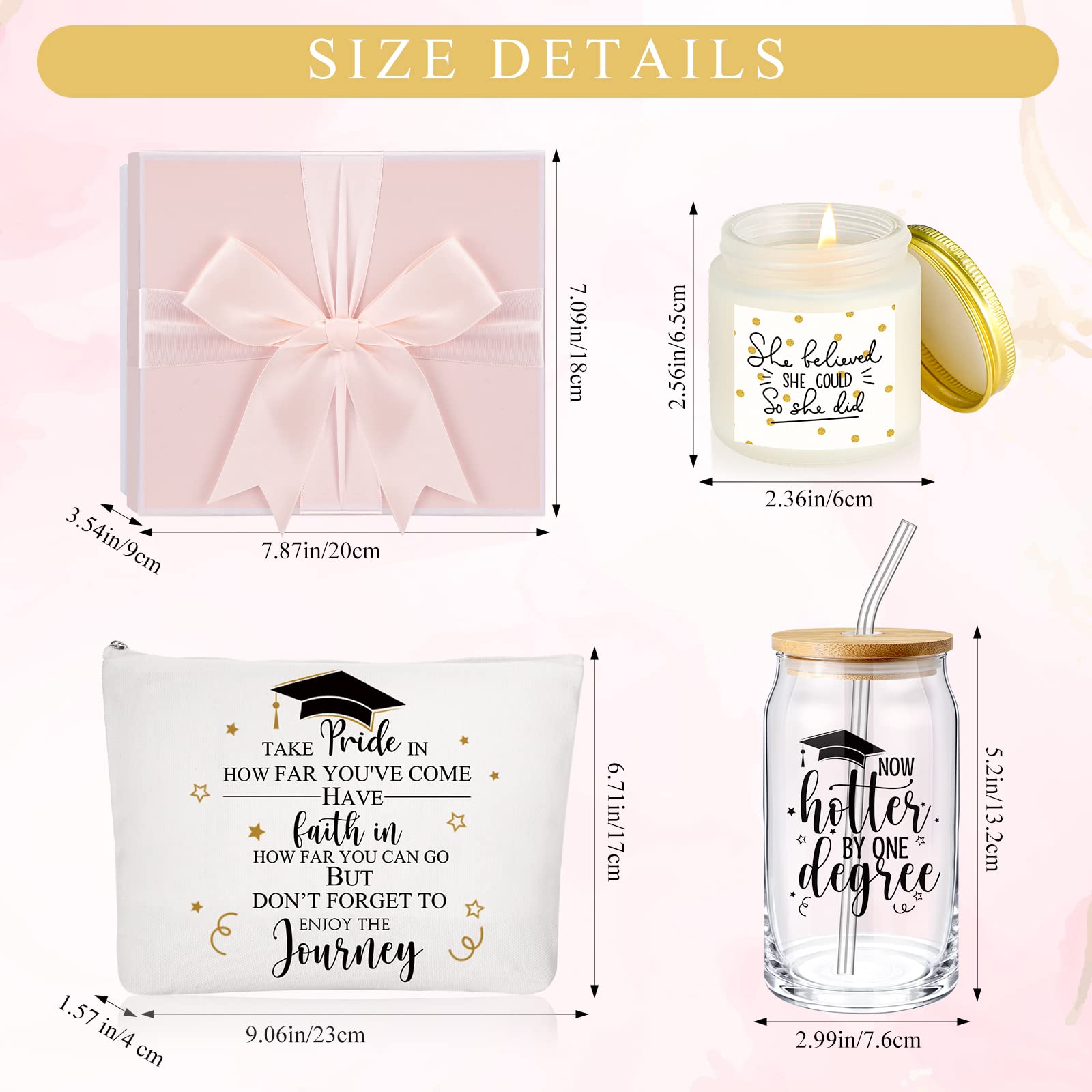 2025 Graduation Gifts for Women - Set of 4 Inspirational Glass Cups & Rainbow Makeup Bag - Perfect Graduation Gift Set for Female Students & Friends - Great for College Dorms, Office Decor & Daily Use