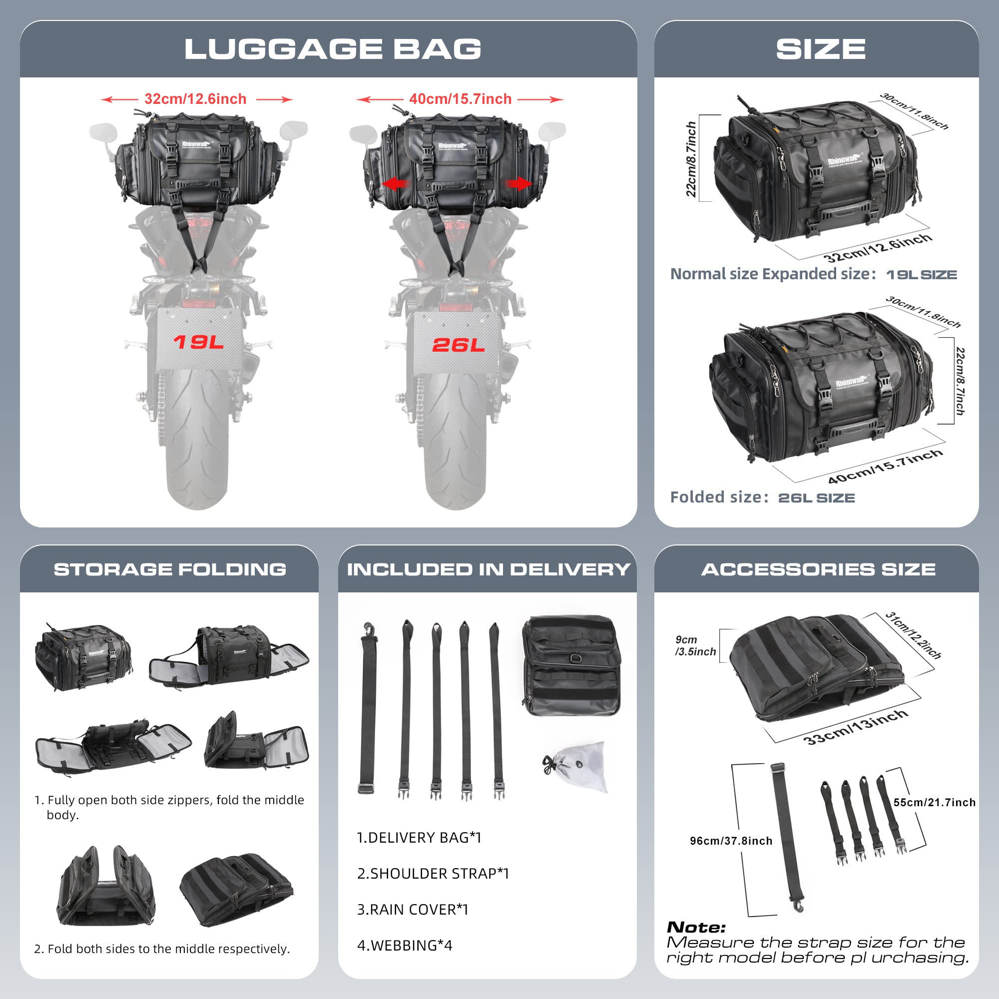 Rhinowalk 26L Expandable Waterproof Motorcycle Tail Bag with Rain Cover & Straps - Durable Travel Luggage for Motorbike Helmet Storage & Adventure Riding