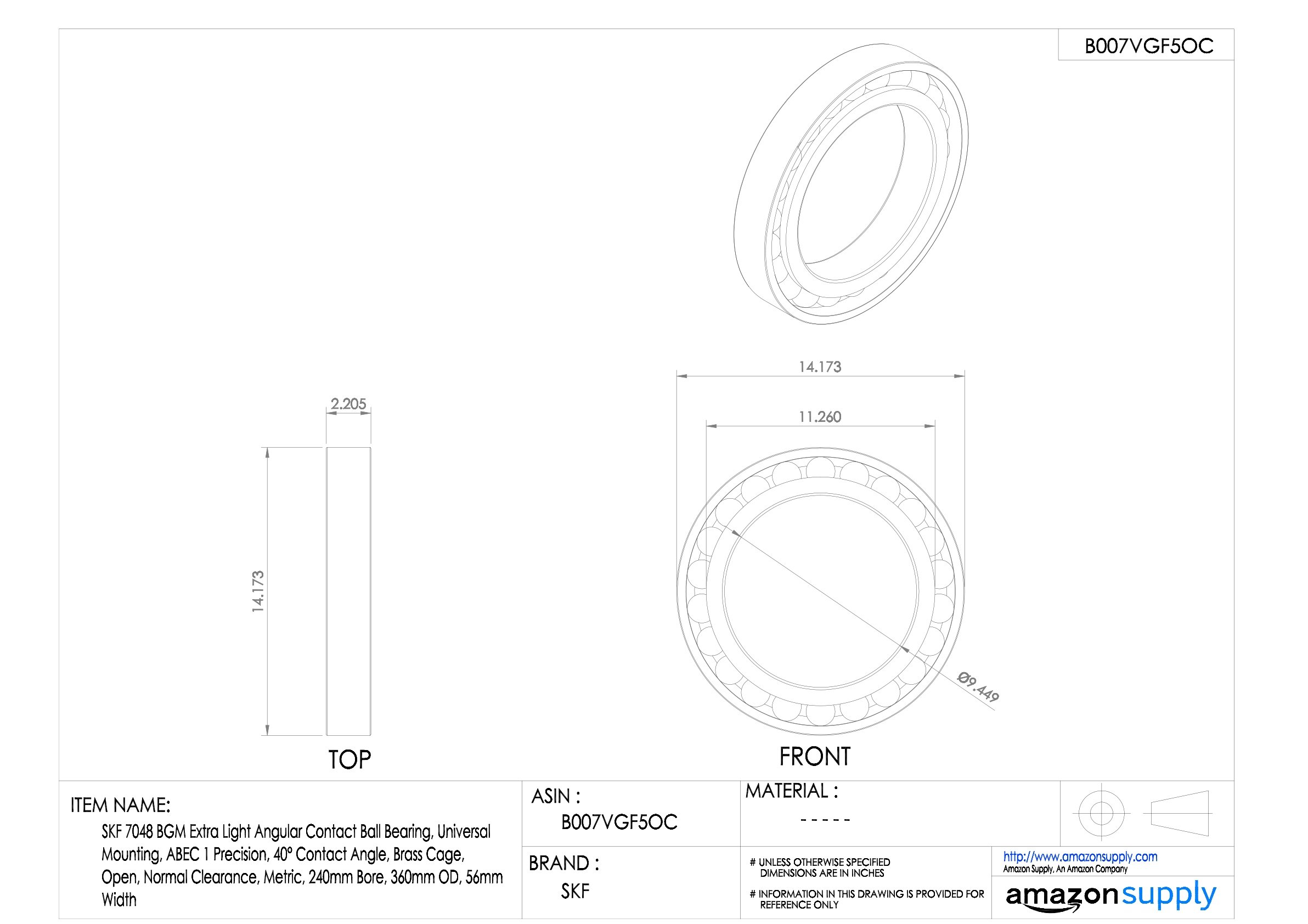 SKF 7048 BGM Extra Light Angular Contact Ball Bearing - Universal Mounting, ABEC 1 Precision, 40° Contact Angle, Brass Cage, Open Design, Normal Clearance, Metric Size (240mm Bore, 360mm OD, 56mm Width) - Ideal for Industrial Machinery, CNC Equipment & High-Speed Applications