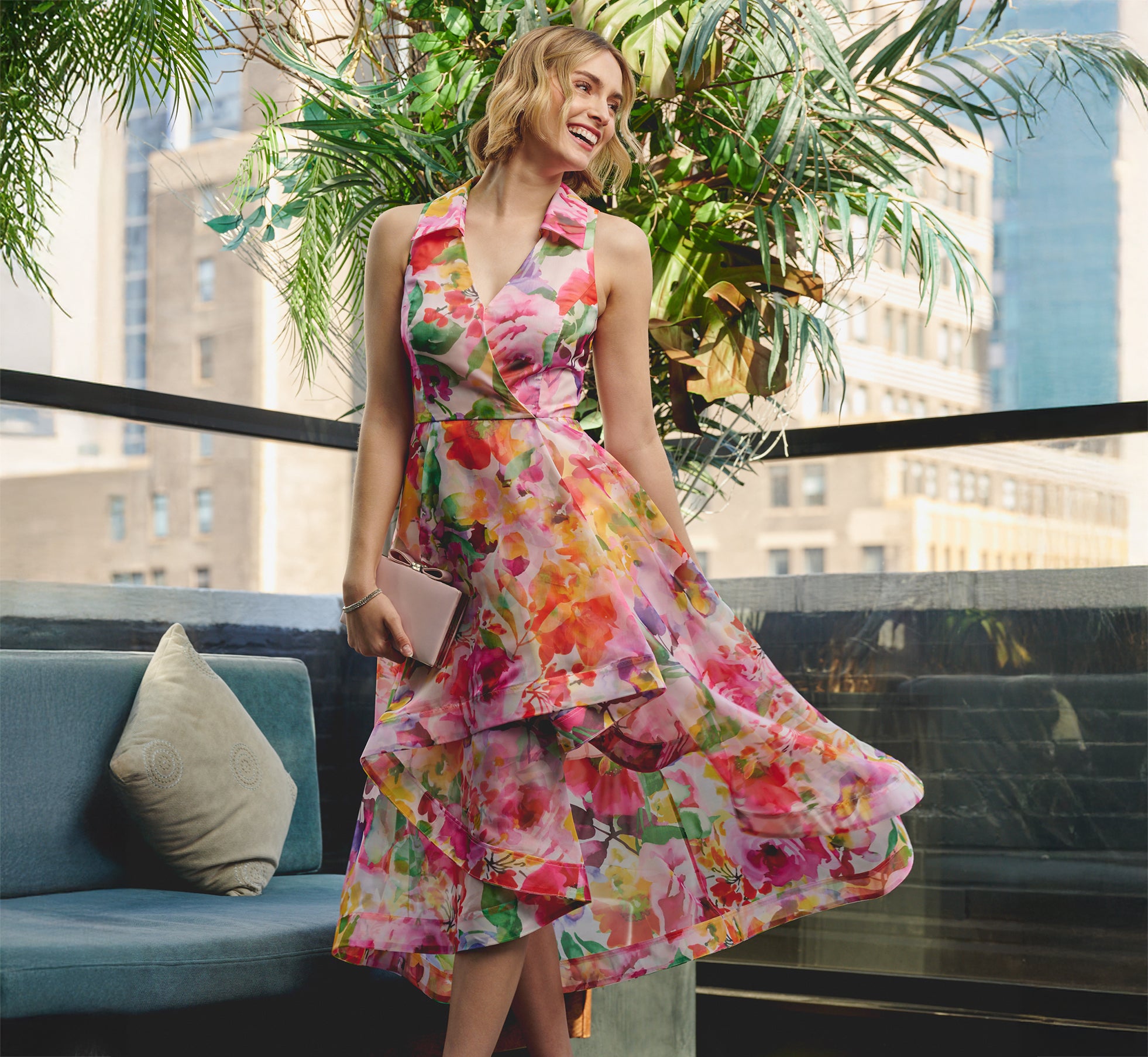 Elegant Sleeveless Floral Organza High-Low Dress for Women - Pink Multi Color, Perfect for Weddings, Parties & Special Occasions