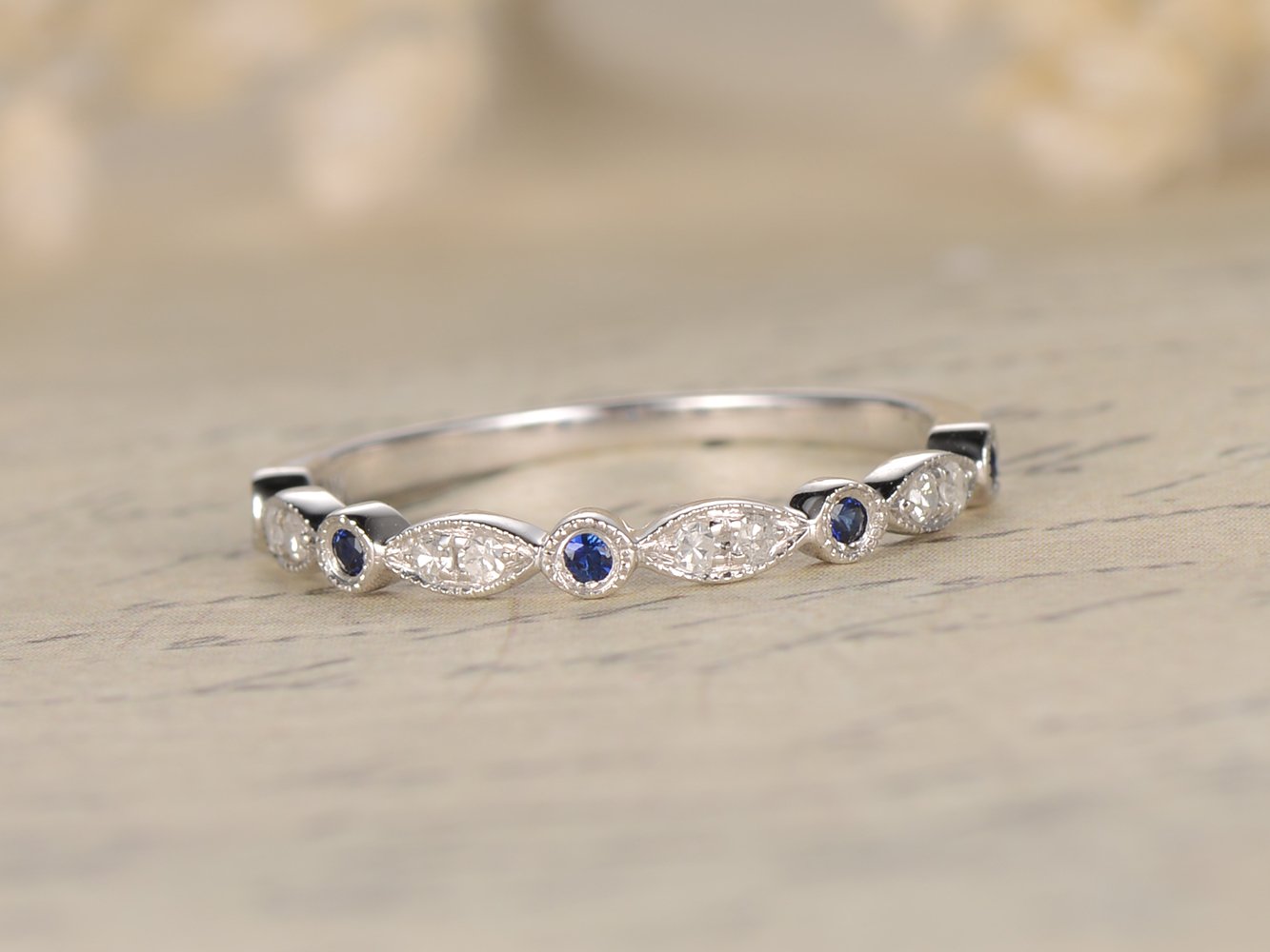 14K White Gold Sapphire Diamond Wedding Band - Half Eternity Bezel Set Ring with Milgrain Detailing | Art Deco Inspired Bridal Jewelry for Engagement, Anniversary & Special Occasions
