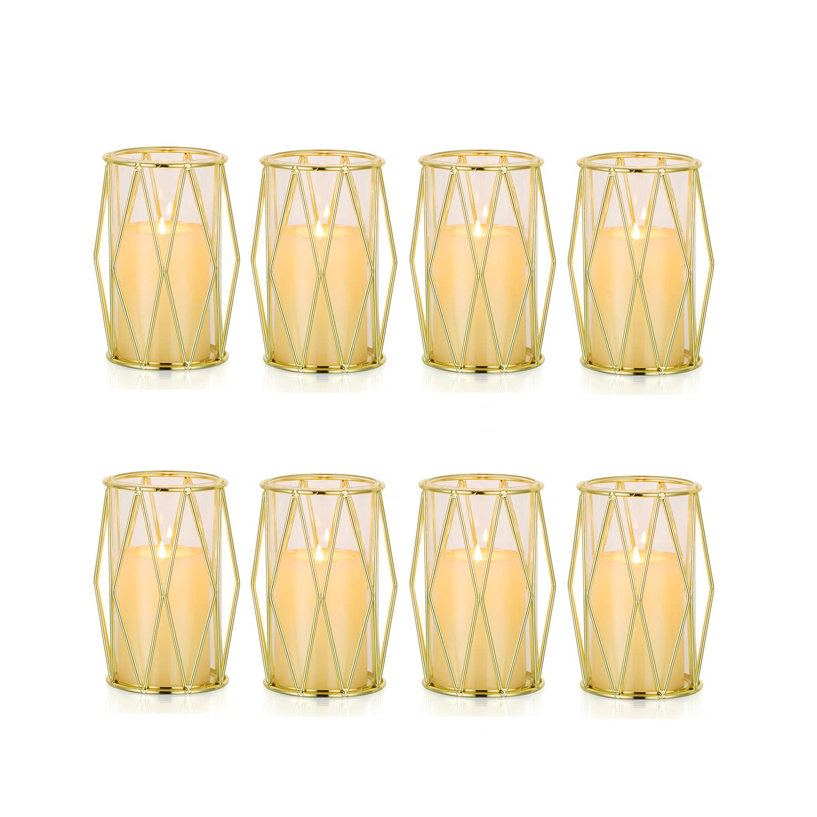 8 Pcs Geometric Gold Candle Holders for Pillar Candles - Elegant Flower Vase with Hurricane Glass Cylinder, Dual Use Wedding & Birthday Party Centerpiece Decor for Living Room, Dining Table, Home Decor