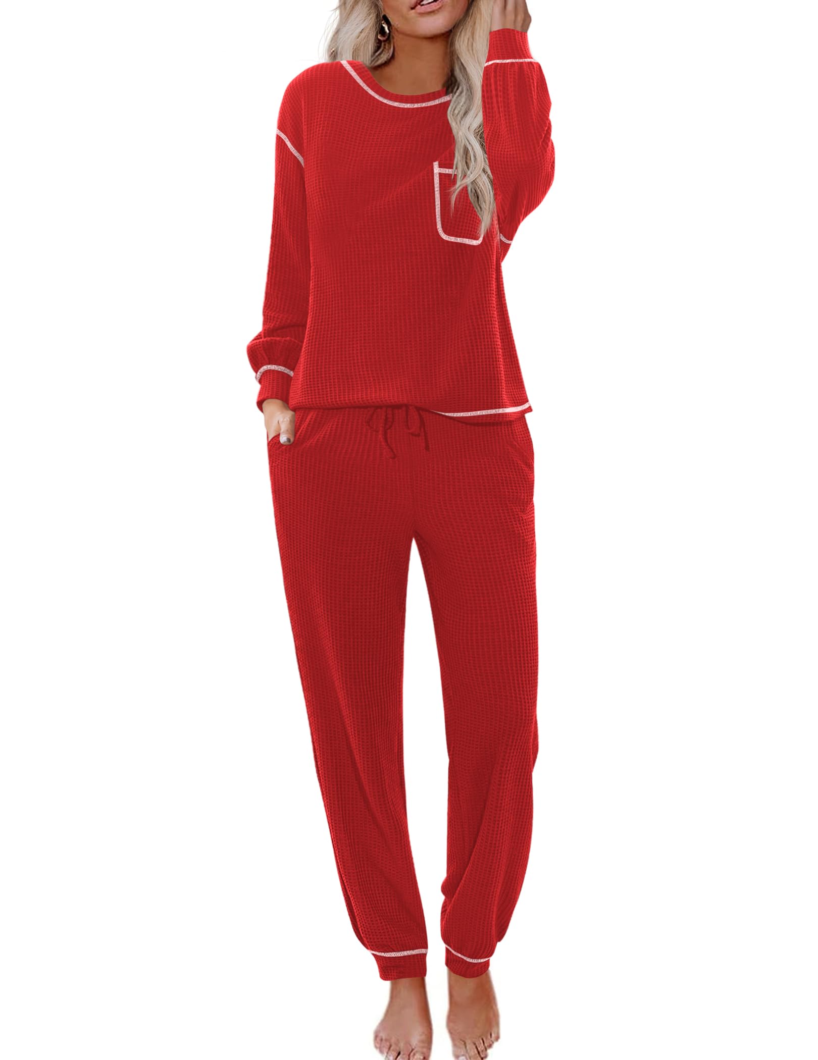 Ekouaer Women's Pajama Set - Soft Waffle Knit Long Sleeve Lounge Wear, 2-Piece Sleepwear Set (S-XXL) for Cozy Nights & Relaxing at Home