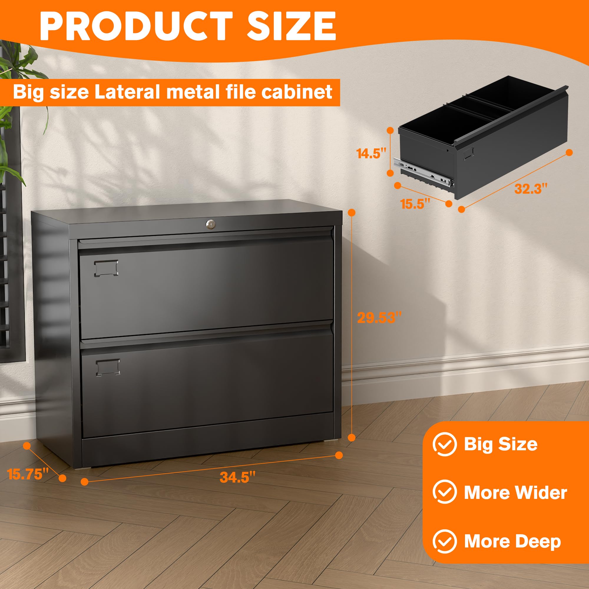 METAN 2-Drawer Metal Lateral Filing Cabinet - Locking Steel File Storage for Legal/Letter/A4 Documents - Black Home Office Organizer | Perfect for Office, Study Room & Home Workspace Organization