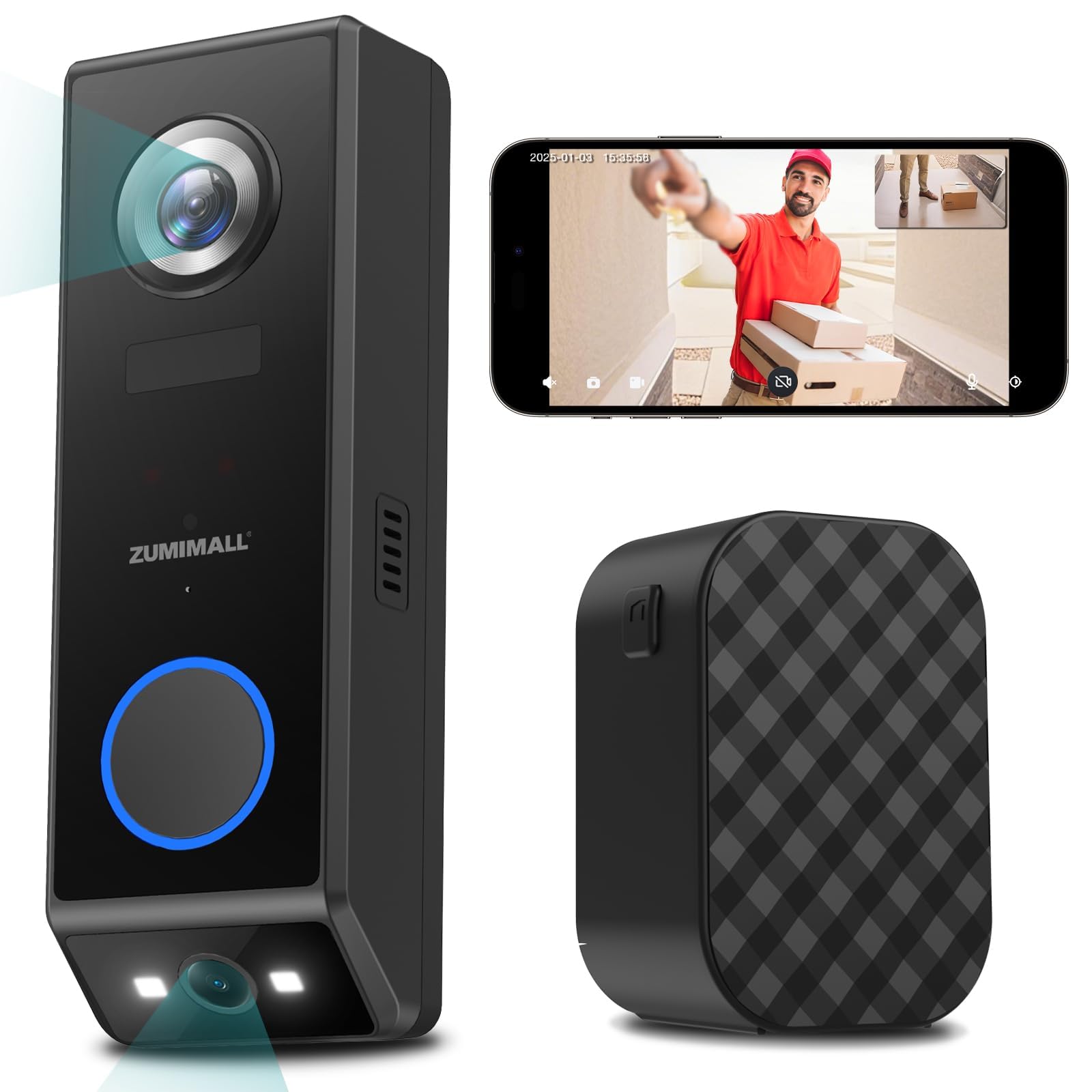 ZUMIMALL 2K HD Dual Lens Video Doorbell Camera with Wireless Chime - Solar & Battery Powered, No Monthly Fees, Wireless/Wired Installation, 2-Way Talk, IP65 Weatherproof, Cloud Storage, Alexa Compatible, PIR Motion Detection, AI Recognition, 2.4G WiFi - Perfect for Home Security & Smart Door Monitoring