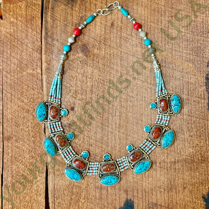 Handmade Tibetan Alpaca Silver Necklace with Turquoise & Coral Beads – Elegant Boho Jewelry for Women, Perfect for Festivals, Weddings & Special Occasions