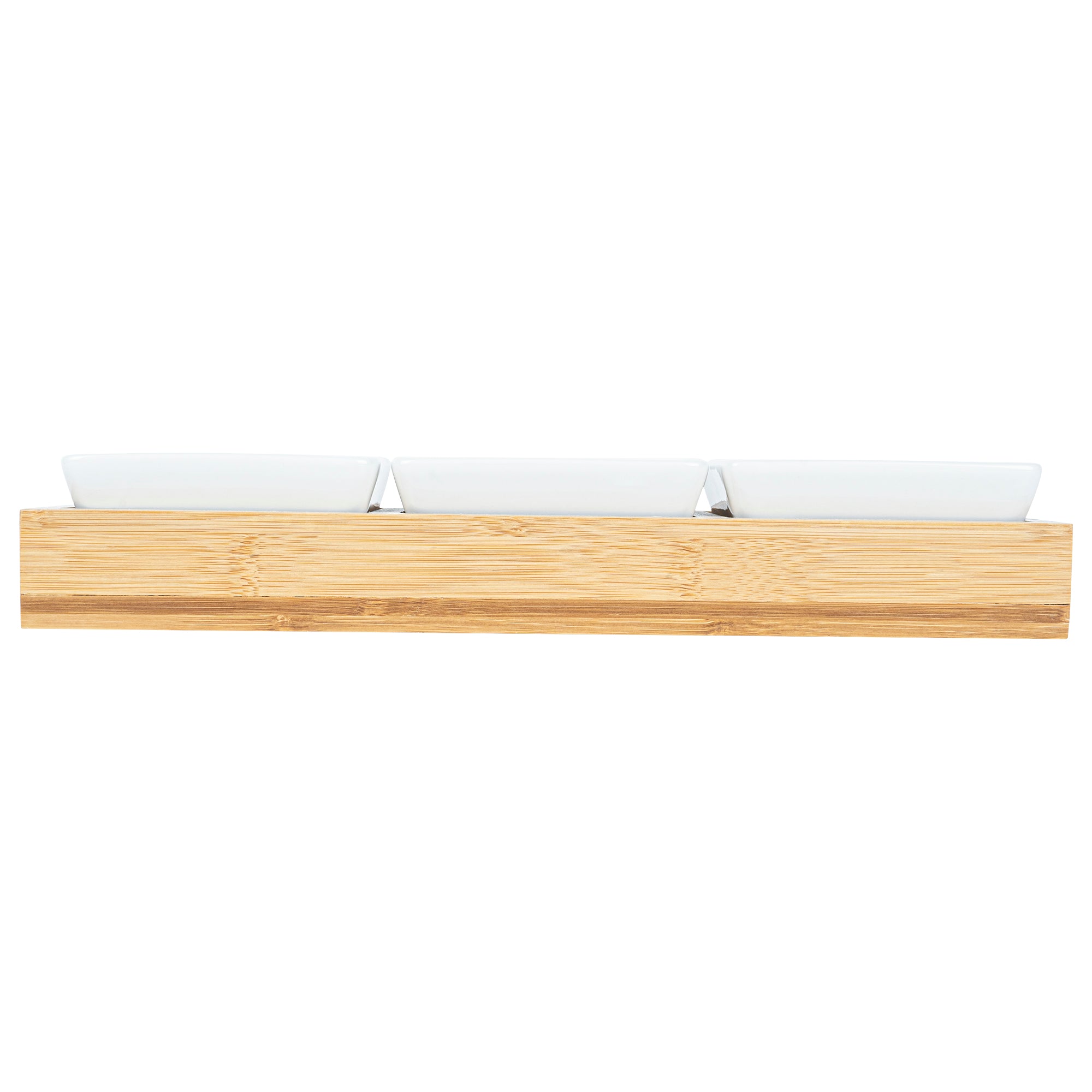 Premium 6 oz White Porcelain Modern Bowl Set with Bamboo Tray - 3 Rectangle Bowls (11.75