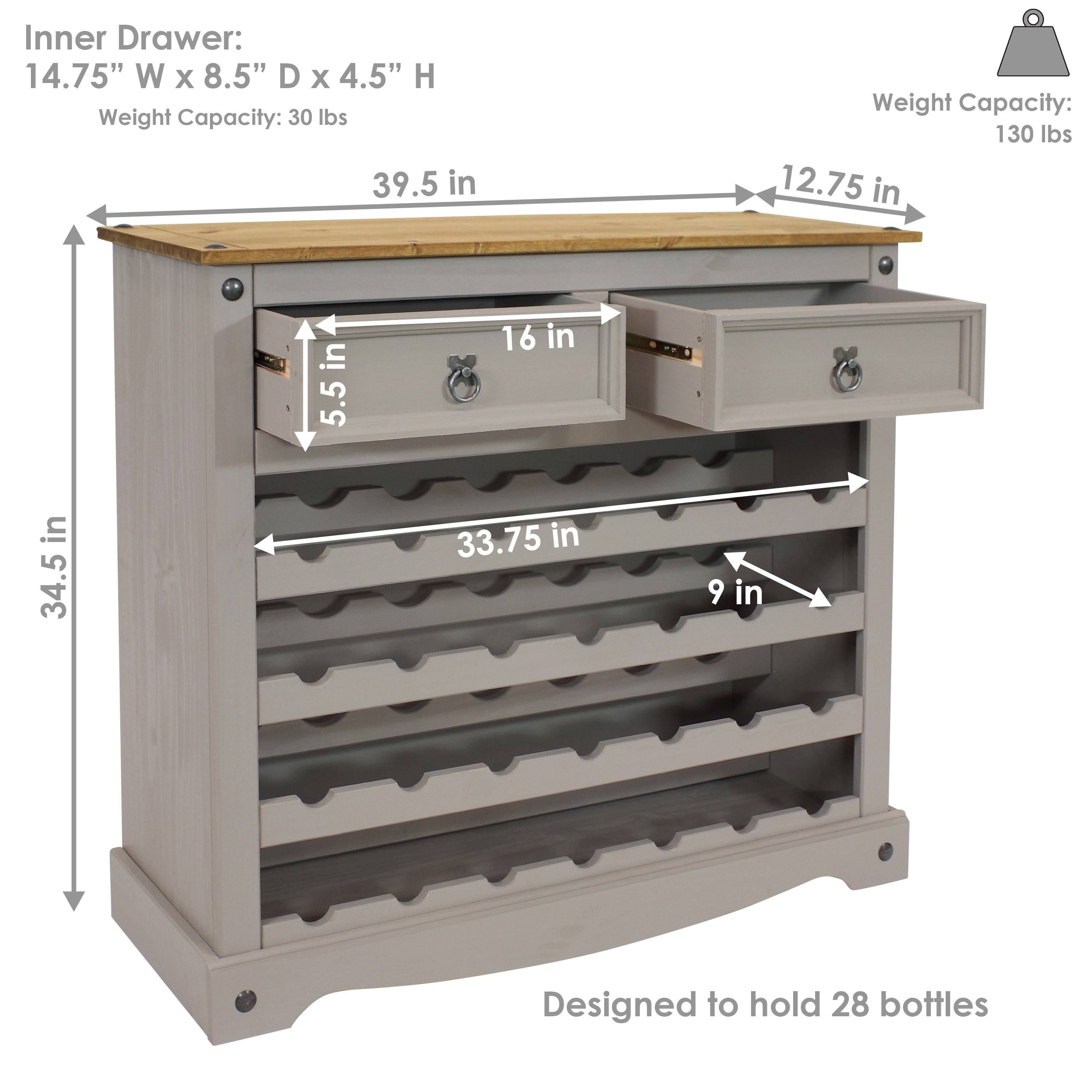 Sunnydaze 28 Bottle Solid Pine Freestanding Wine Rack Table in Gray - 34.5 Inches - Perfect for Dining Room, Kitchen, or Home Bar Storage