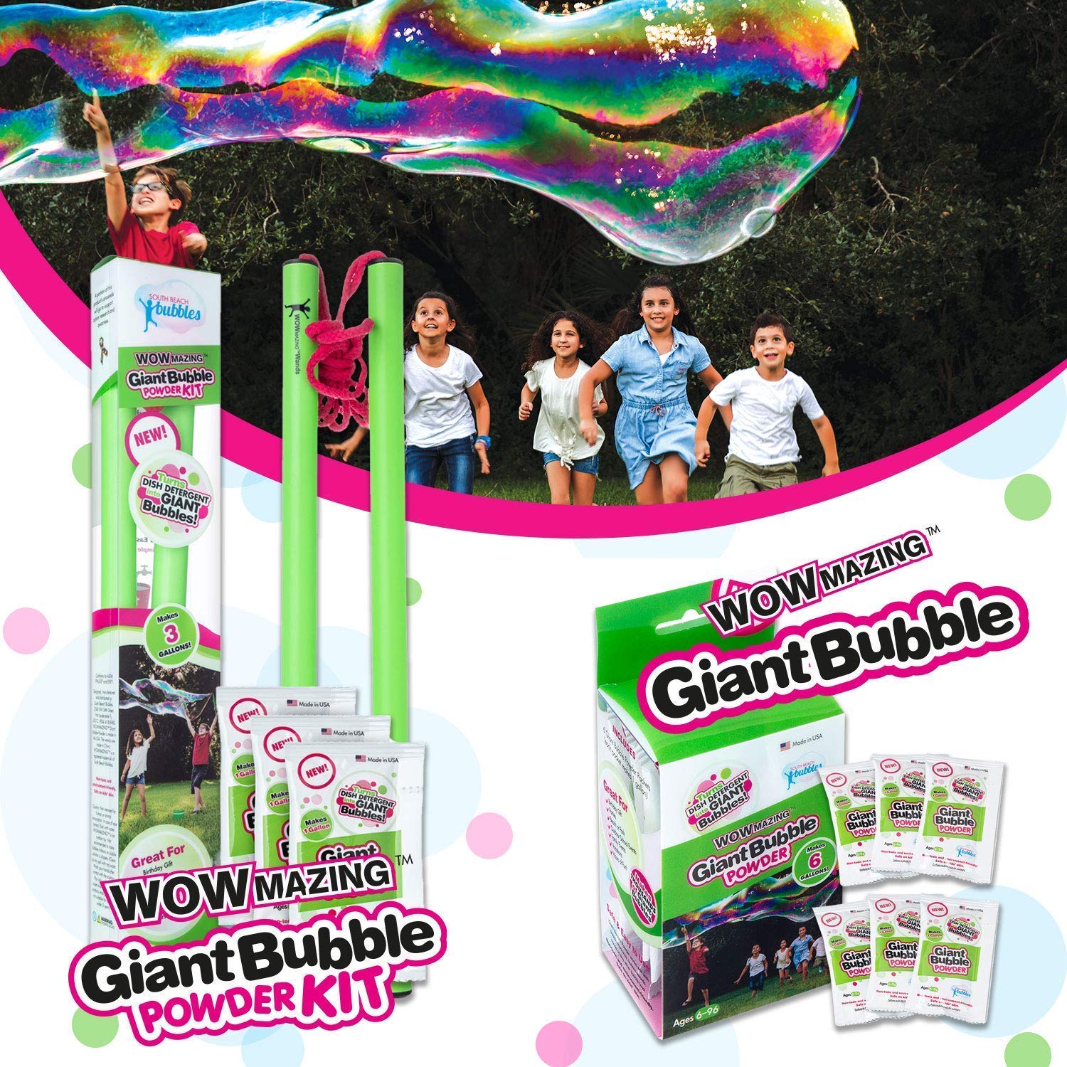 WOWMAZING Giant Bubble Powder Kit - Makes 9 Gallons of Huge Bubbles | Non-Toxic Safe & Natural Bubble Solution Mix | Turns Dish Soap into Giant Bubbles | Perfect for Birthday Parties, Outdoor Family Fun, Kids Activities (Girls & Boys) | Backyard Games, Summer Festivals & Park Playdates