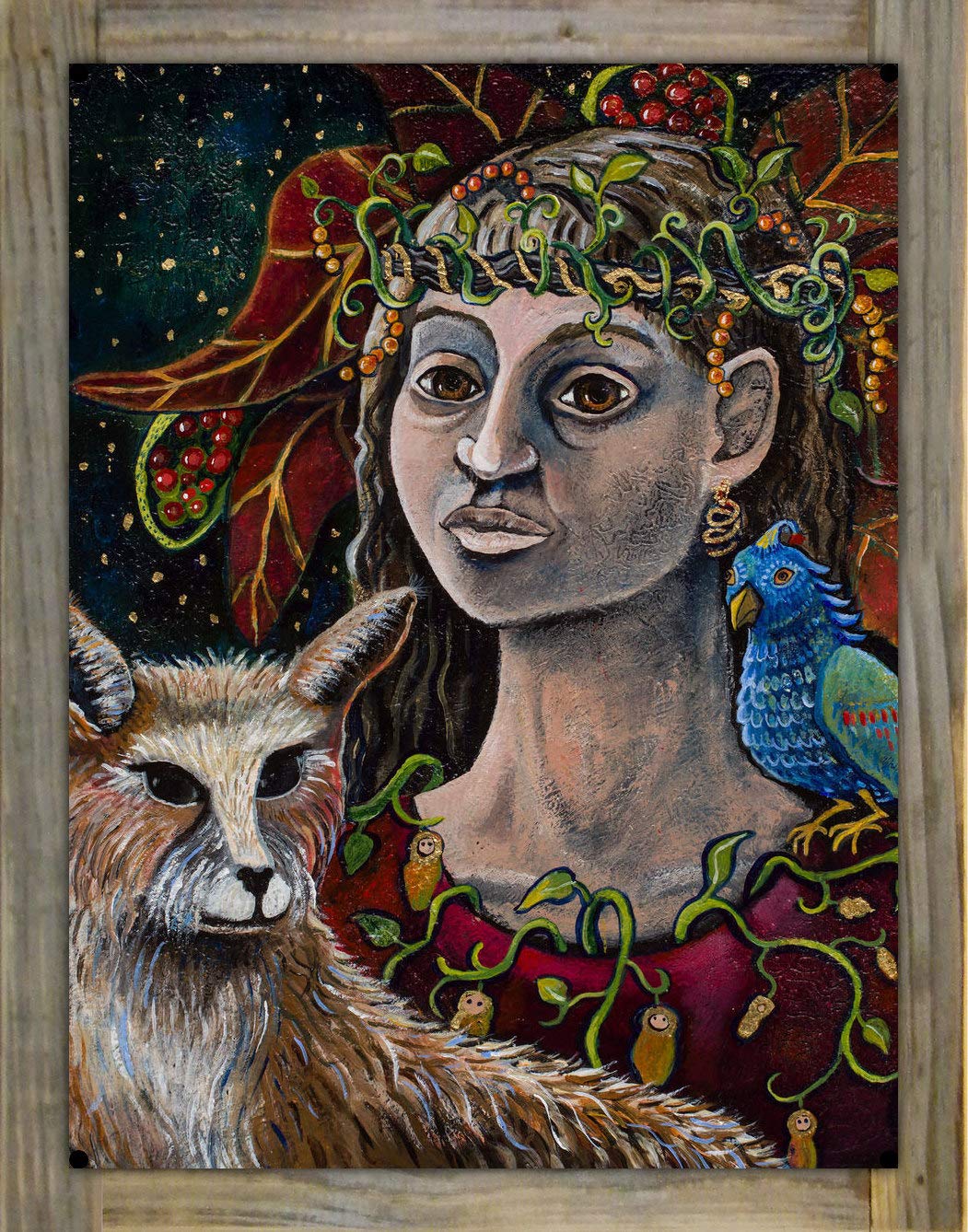 Vibrant Fox Goddess Portrait Metal Print on Reclaimed Barn Wood - 17x23 Inch Folk Art Wall Decor by Libby Hoagland | Perfect for Bohemian Home, Office & Gallery Aesthetic