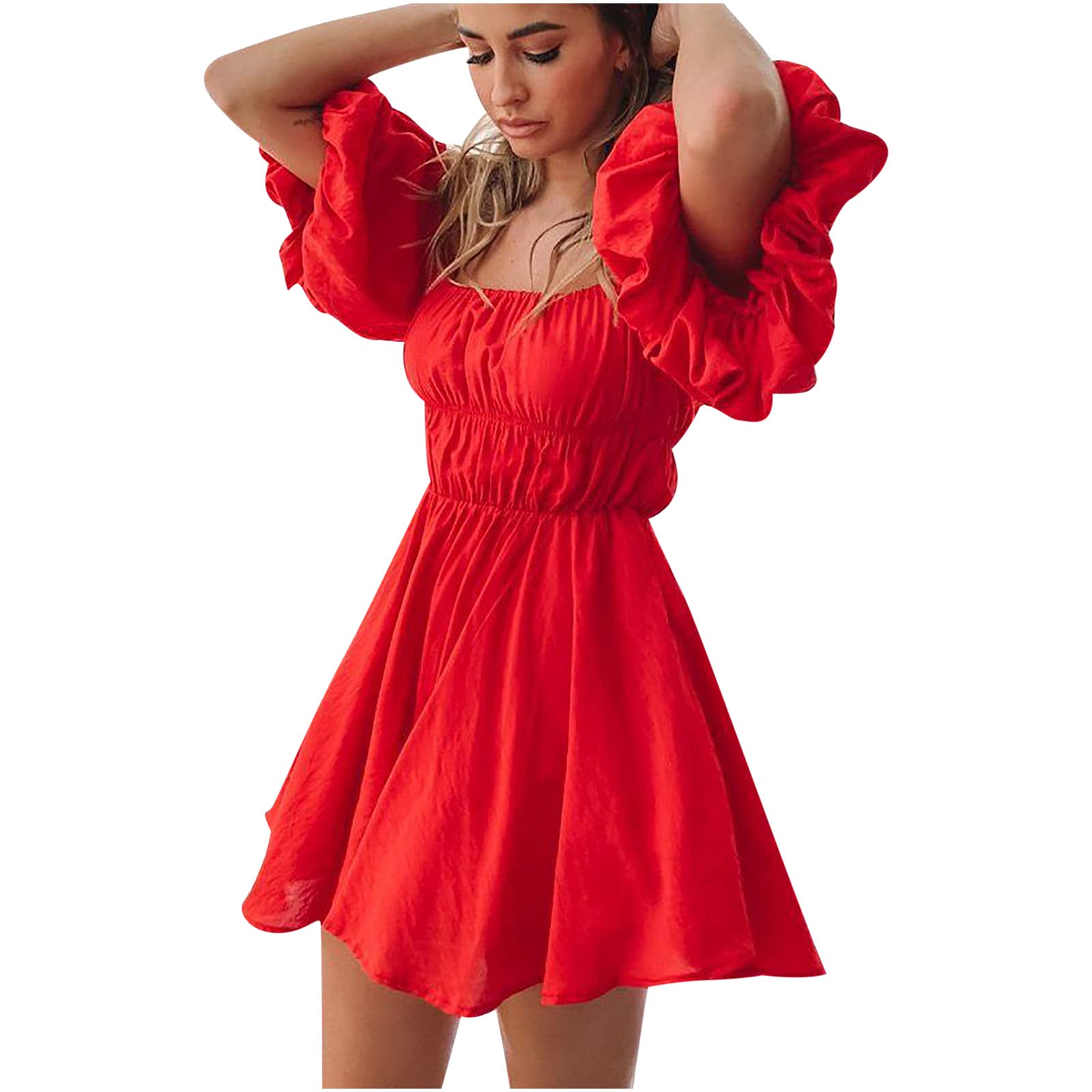 Women's Off Shoulder Ruffle Dress - Solid Color Summer Puff Sleeve Mini Dress Above Knee | Perfect for Beach Vacation, Date Night & Summer Parties