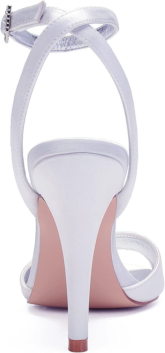 Elegant White Rhinestone Stiletto Heel Sandals for Women - Wedding Party Evening Shoes, Pointed Toe Satin Bridal Heels - Perfect for Summer Weddings, Prom & Special Occasions (Size 8 UK)