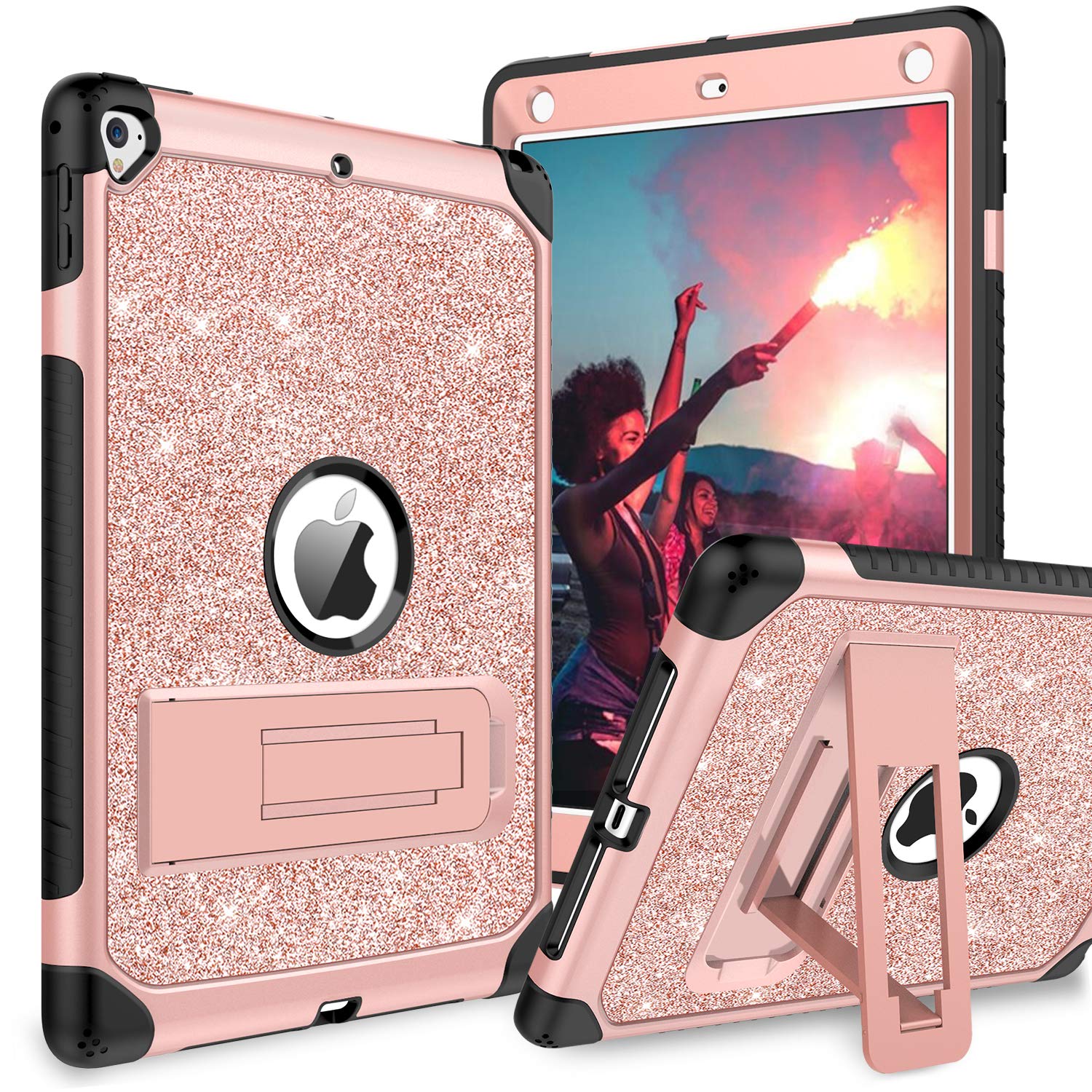 BENTOBEN Glitter Shockproof Case for iPad Air 2 / iPad 9.7 2017 2018 / iPad Pro 9.7 / iPad 5th 6th Generation - 3-Layer Full Body Protective Cover for Women Girls Kids (Rose Gold) - Perfect for School, Travel & Daily Use