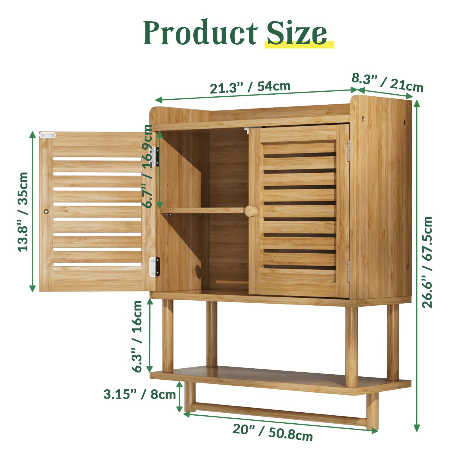 AmazerBath Large Bamboo Medicine Cabinet for Bathroom - Over Toilet Storage Organizer with Adjustable Shelves & Towel Bar - Space-Saving Wall Cabinet (8.3x21.3x26.6 Inches) - Perfect for Small Bathrooms, Apartments & Powder Rooms