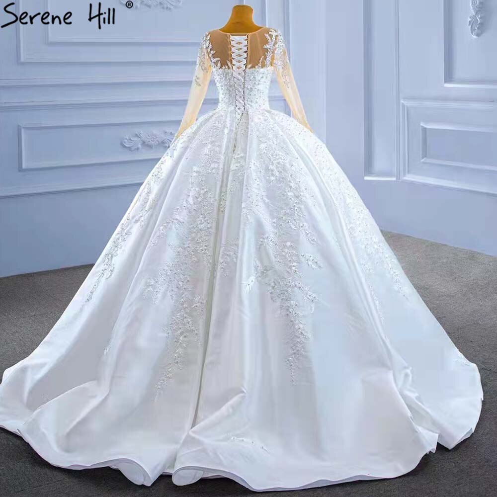 Serene Hill Muslim White Satin Wedding Dress 2025 - Beaded High-End Lace Up Bridal Gown HM67415 | Custom Made for Muslim Brides | Perfect for Islamic Weddings, Nikah Ceremonies & Formal Occasions