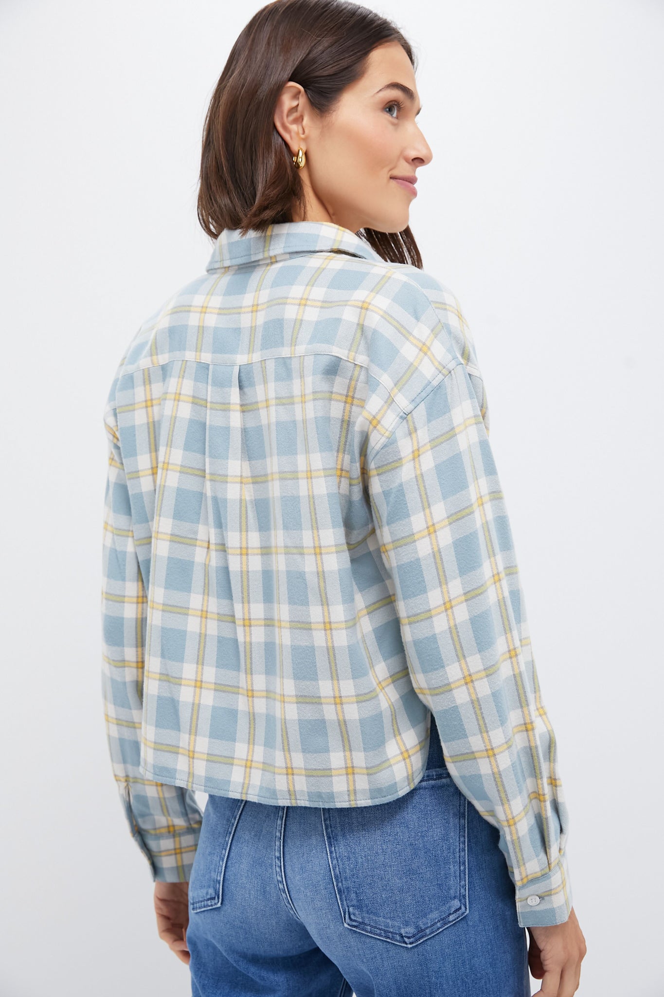 Blue Plaid Flannel Cropped Jasper Button Down Shirt for Women - Soft & Stylish Fall Fashion Top for Casual Outfits, Layering, and Outdoor Adventures