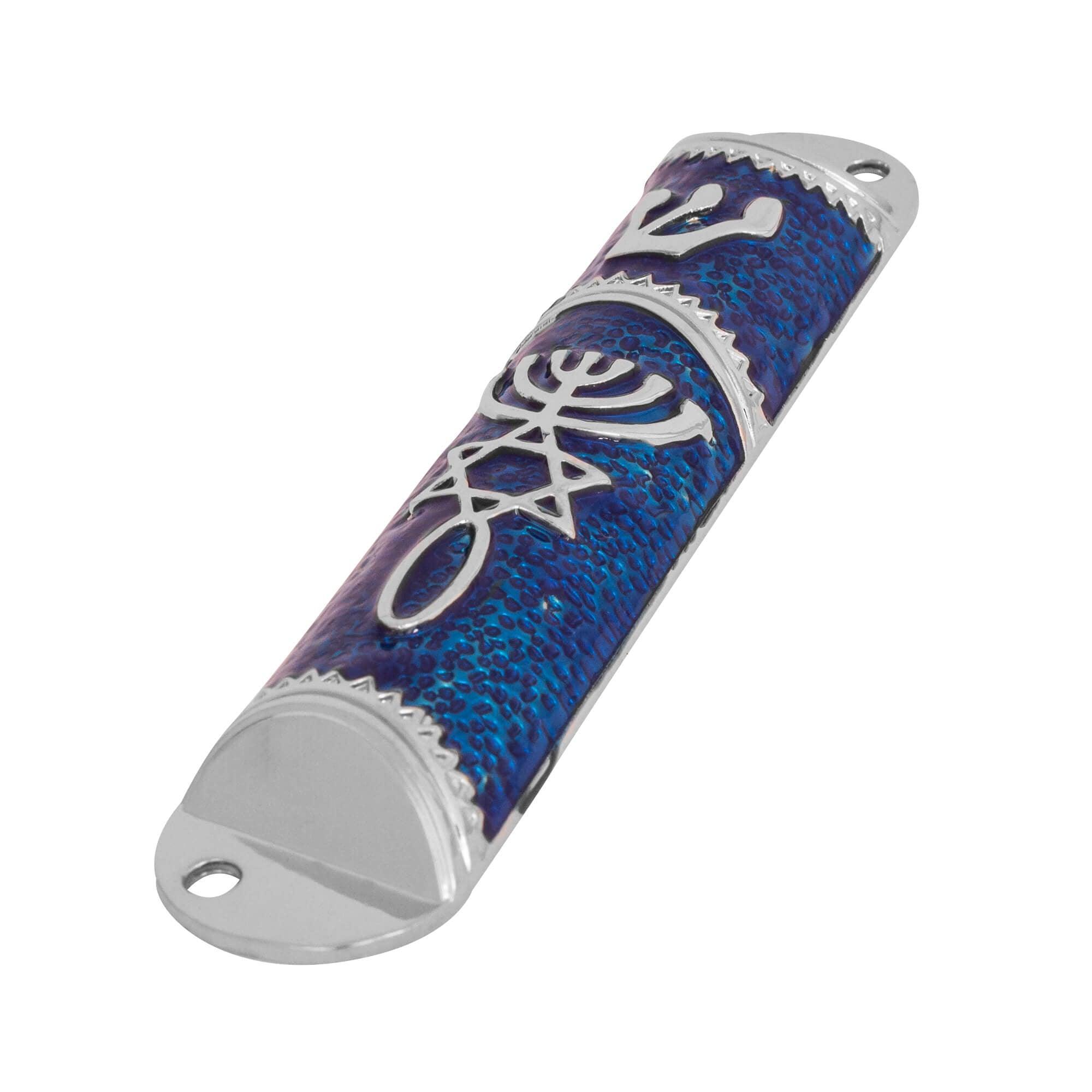 Set of 3 Silver Blue Metal Mezuzah Cases with Messianic Symbol - 4.1 Inch Jewish Door Blessing Scroll Holders for Home & Office Protection