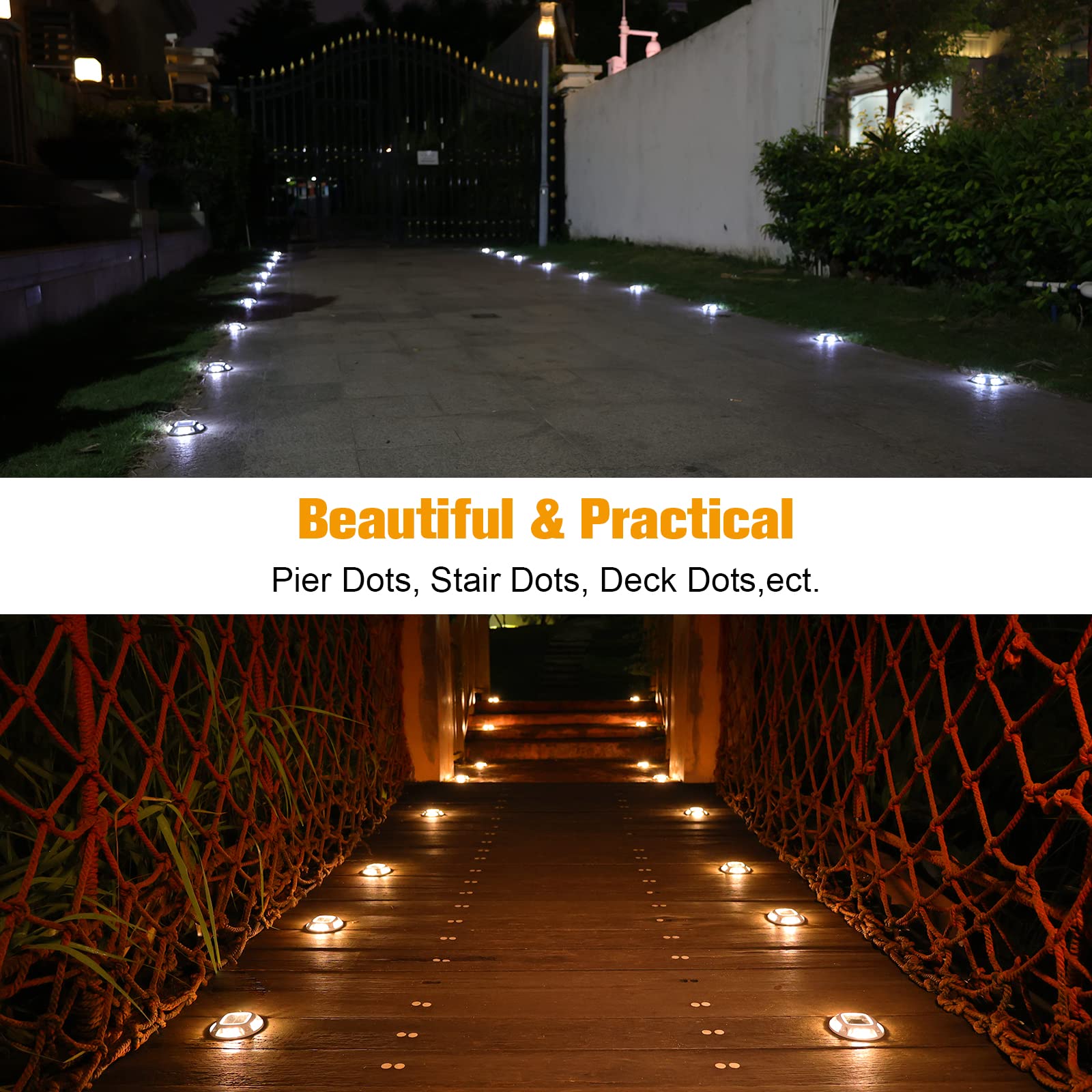 VOLISUN 12 Pack Solar Driveway Lights - 2 Color LED Deck Lights (White/Warm White) | Waterproof Outdoor Solar Step Lights for Driveway, Sidewalk, Pathway, Dock & Marine Use | Perfect for Night Safety & Landscape Lighting