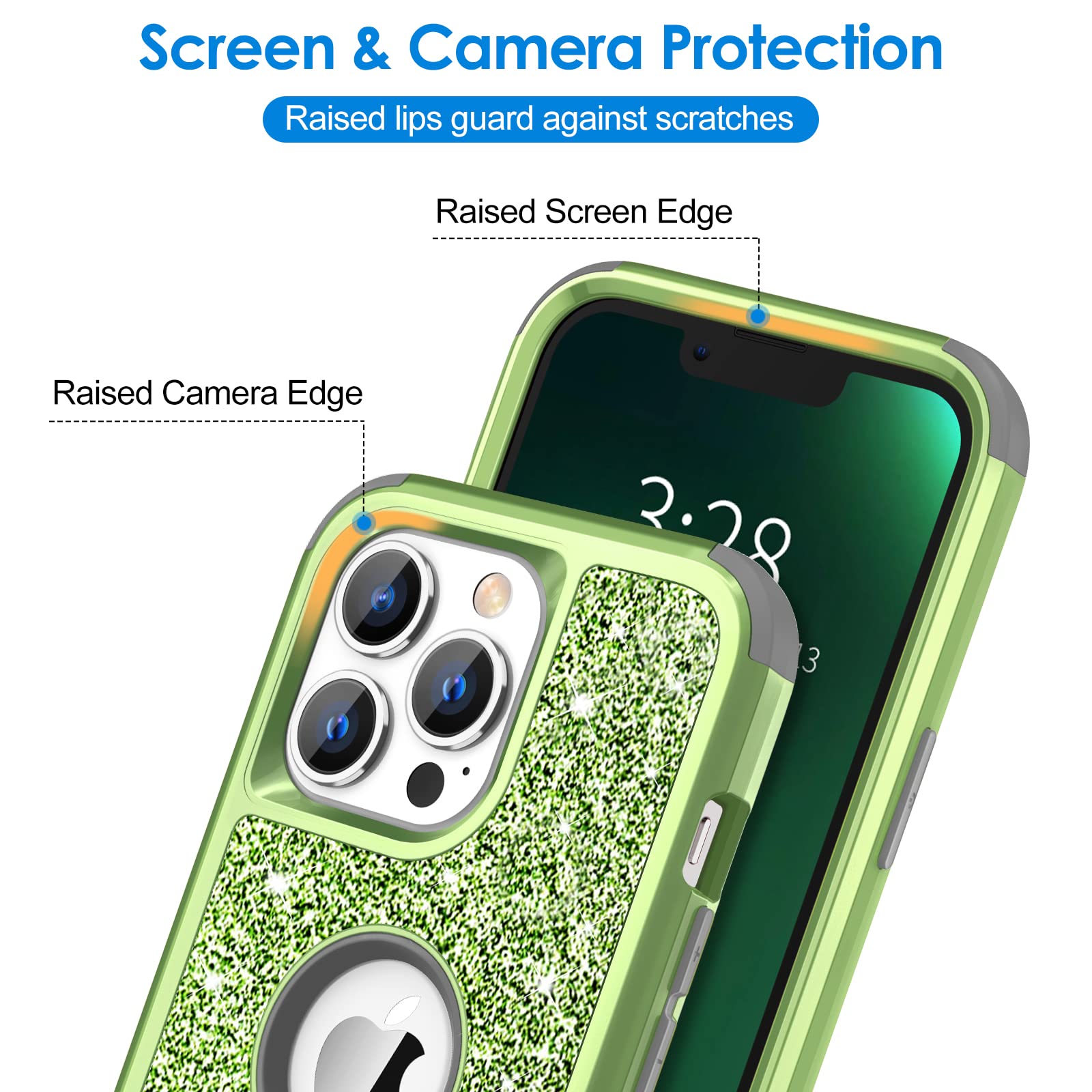 Hython Glitter iPhone 13 Pro Max Case - Cute Shiny Bling Sparkle Cover, 3-in-1 Hybrid Hard PC & Soft TPU Bumper with Full Body Shockproof Protection for Women & Girls (Green) - Perfect for Everyday Use, Parties, and Gift Giving
