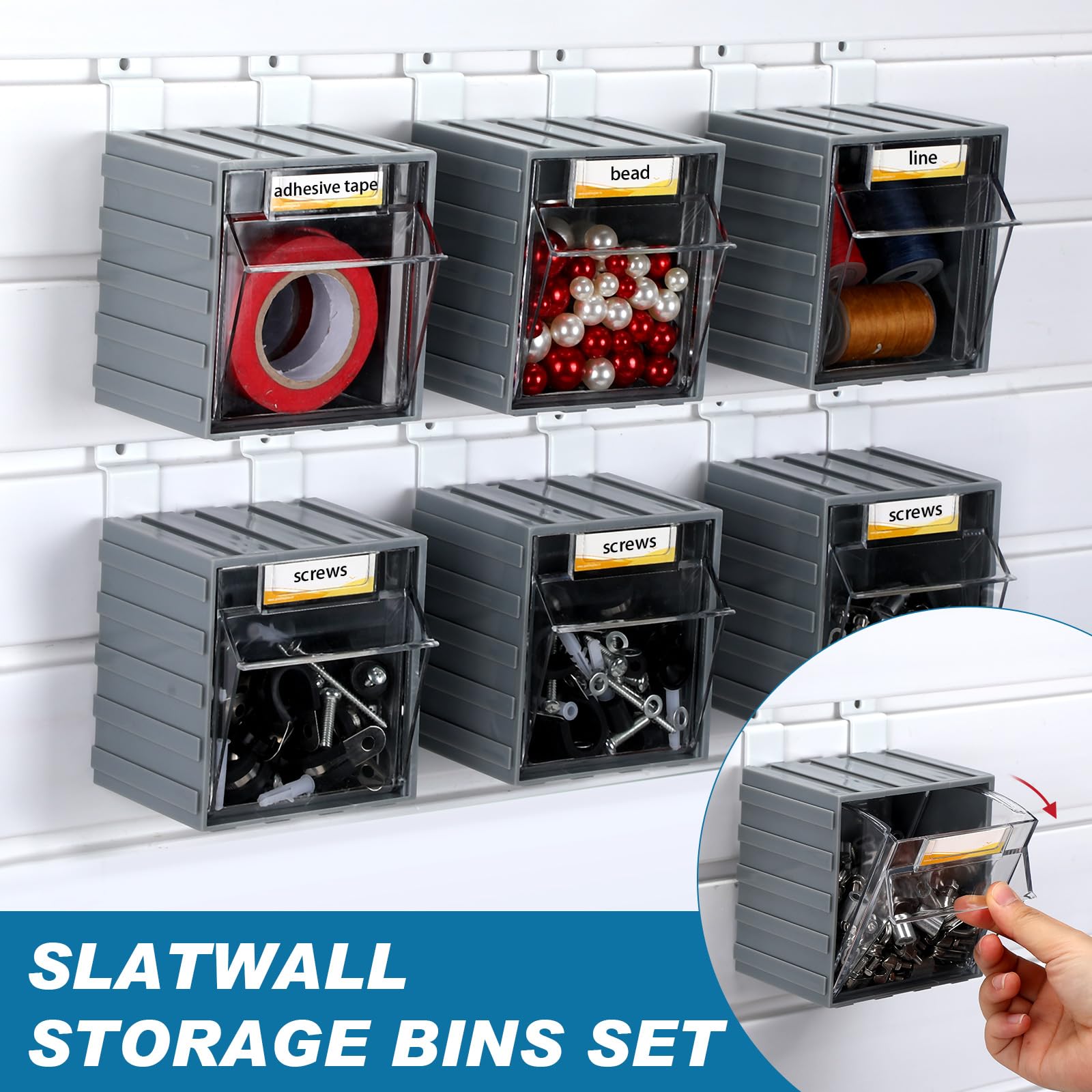 6 Pack Slatwall Bins with Hooks - Wall Mount Storage Baskets with Labels & Tip-Out Design - Hanging Organizer for Garage, Workshop, Retail & Home Organization - Durable Slatwall Panel Accessories