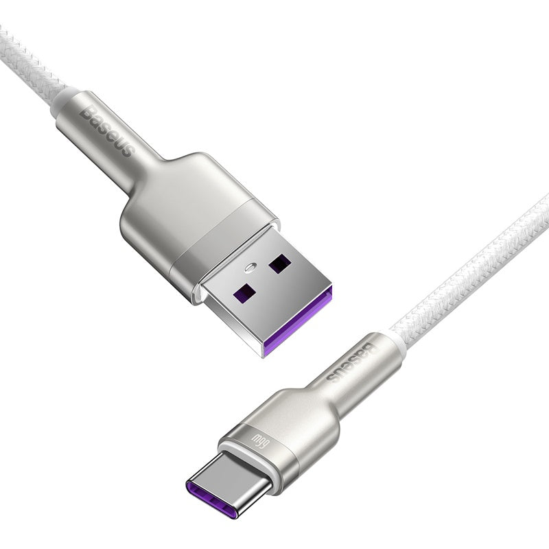 Baseus Cafule Premium 66W Fast Charging Cable 1M USB to Type C Metal White - Perfect for iPhone, Samsung & Android Devices at Home, Office & Travel
