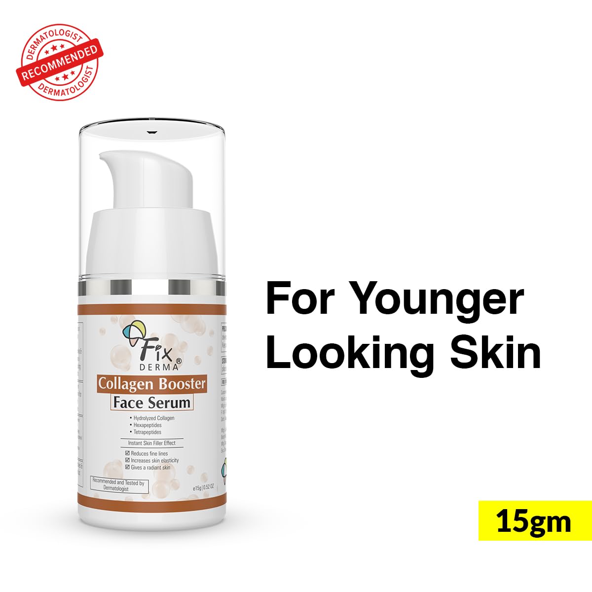 Fixderma Hydrolyzed Collagen Booster Face Serum - Anti-Aging Collagen Serum for Fine Lines & Wrinkles, Men & Women, All Skin Types (15g) | Hydrating & Firming Facial Treatment for Day & Night Skincare Routine