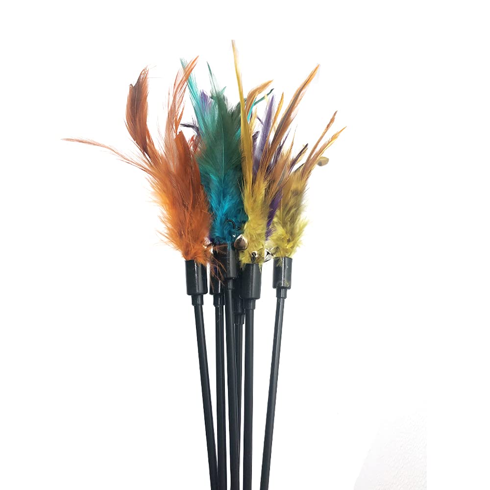6 PCS Interactive Cat Wand Toys with Feathers & Bell - Fun Teaser Wand for Indoor Cats & Kittens - Perfect for Playtime, Exercise & Bonding