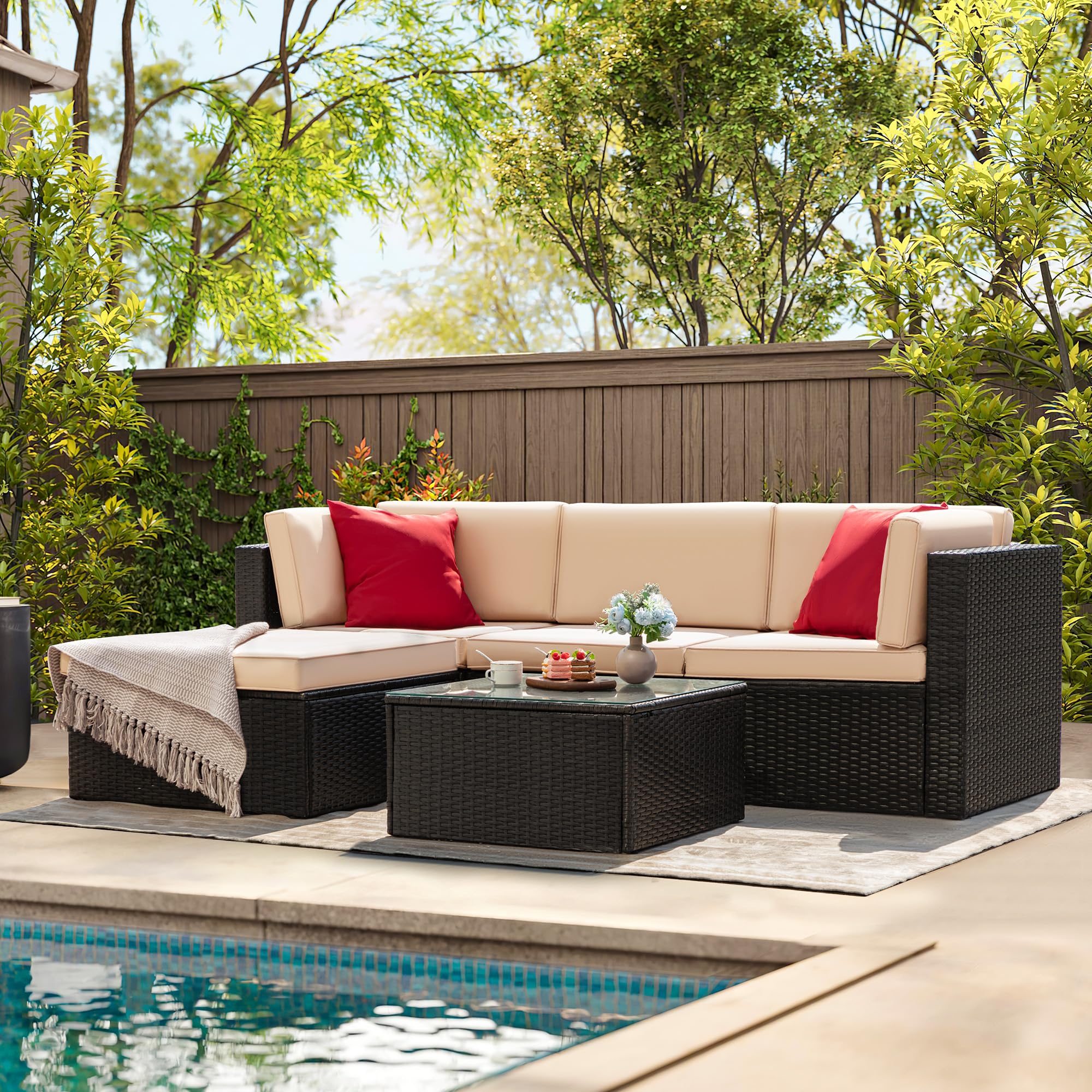Greesum 5-Piece Outdoor Patio Furniture Set - Wicker Rattan Sofa with Cushions, Pillows & Glass Coffee Table - Beige Conversation Set for Porch, Lawn, Garden, Backyard and Poolside Relaxation