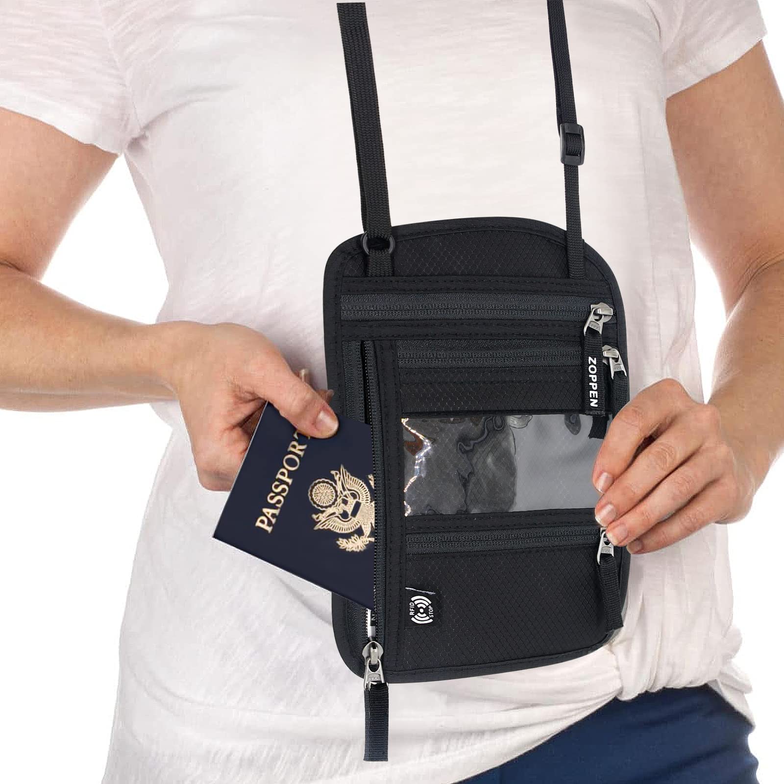 ZOPPEN RFID Blocking Passport Holder with Vaccine Card Slot - Adjustable Neck Wallet Pouch for Women & Men - Travel Document Organizer Case for International Trips, Airplane, Cruise Vacations - Black Travel Accessories