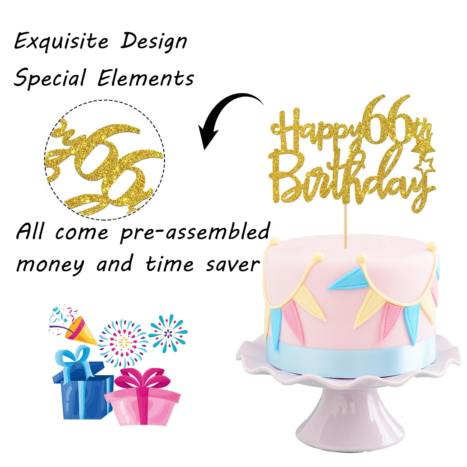 Gold Glitter Happy 66th Birthday Cake Topper - 66 Sign Cake Decorations - Cheers to 66 Years Party Supplies - Perfect for 66th Birthday Celebrations, Anniversaries & Retirement Parties
