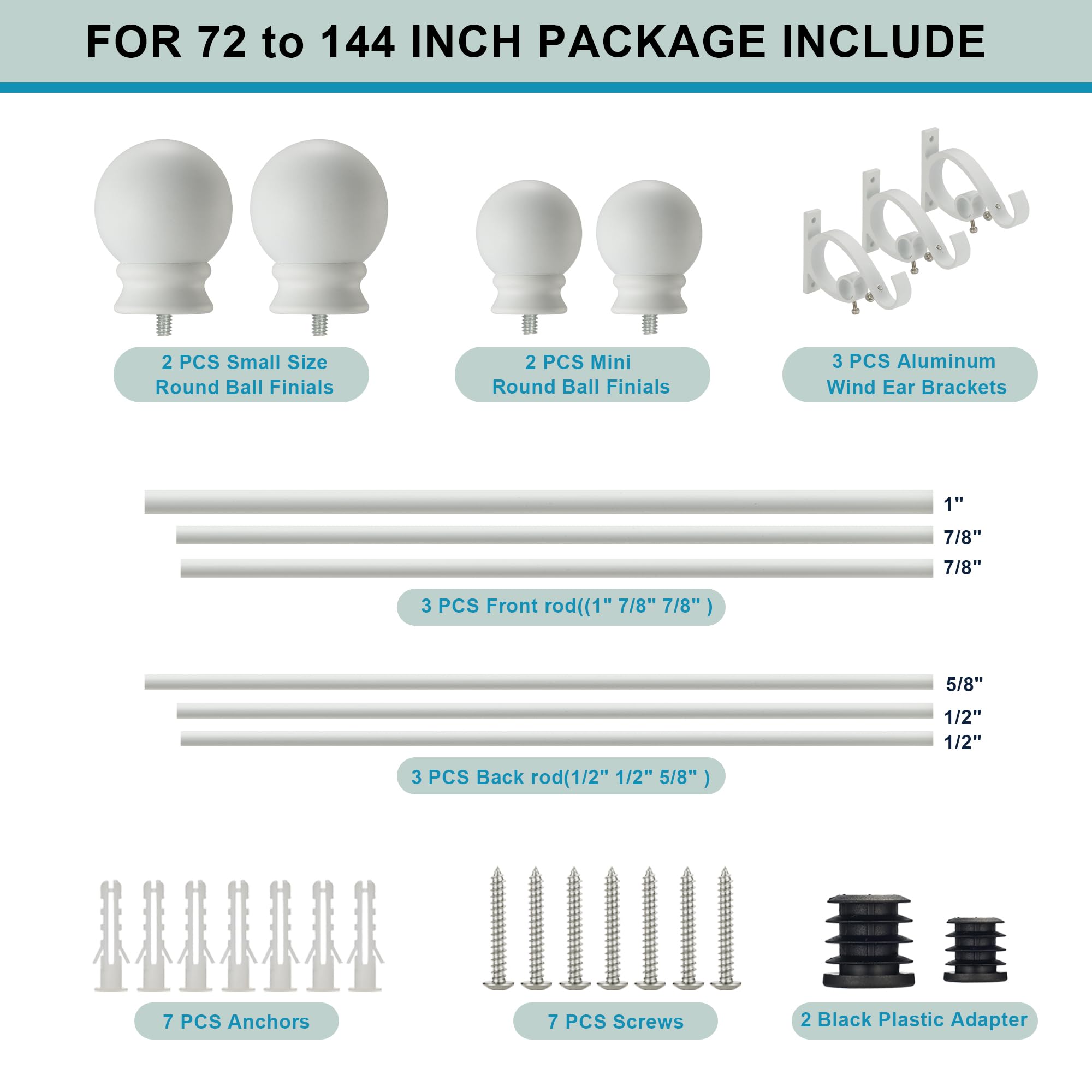 Matte White Double Curtain Rods 72-144 Inch Adjustable - 1’’ Front & 5/8’’ Back Drapery Rod with Small Round Ball Finials & Aluminum Brackets - Dual Window Rod for Sheer & Blackout Curtains - Perfect for Living Room, Bedroom & Bay Windows