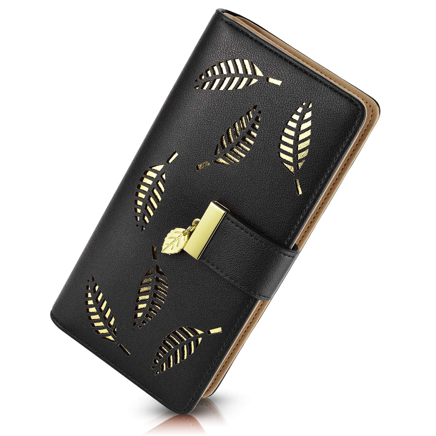 PGXT Women's Leather Bifold Wallet with Hollow Leaf Pattern - Slim Credit Card Holder & Zip Purse for Daily Use - Perfect Gift for Women & Girls (Black) - Ideal for Work, Travel, and Special Occasions like Birthdays & Christmas